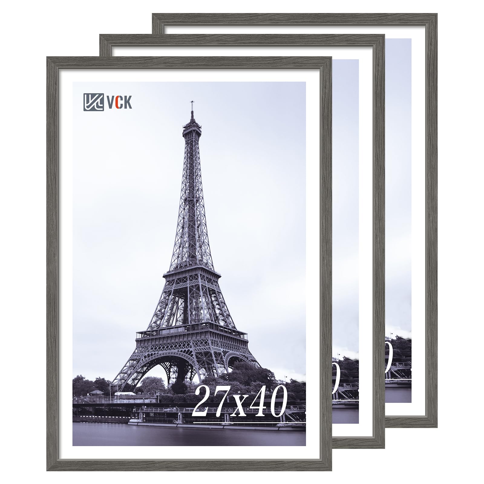 VCK 27x40 Poster Frame Set of 3, Gray Solid Wood Picture Frame, Exclusive Wood Grain, Wall Mounting Hanging