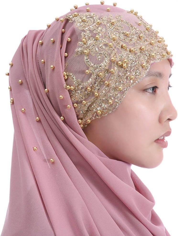 Lina & Lily Premium Chiffon Hijab Head Scarf Wrap with Gold Sequins Glitters Beads for Muslim Women - Image 2