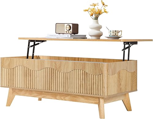 Miniatura 9 de BERRYMERRY Mesa de centro elevable con almacenamiento oculto, mesa de centro acanalada de granja con perfil ondulado, mesa central rectangular Roble