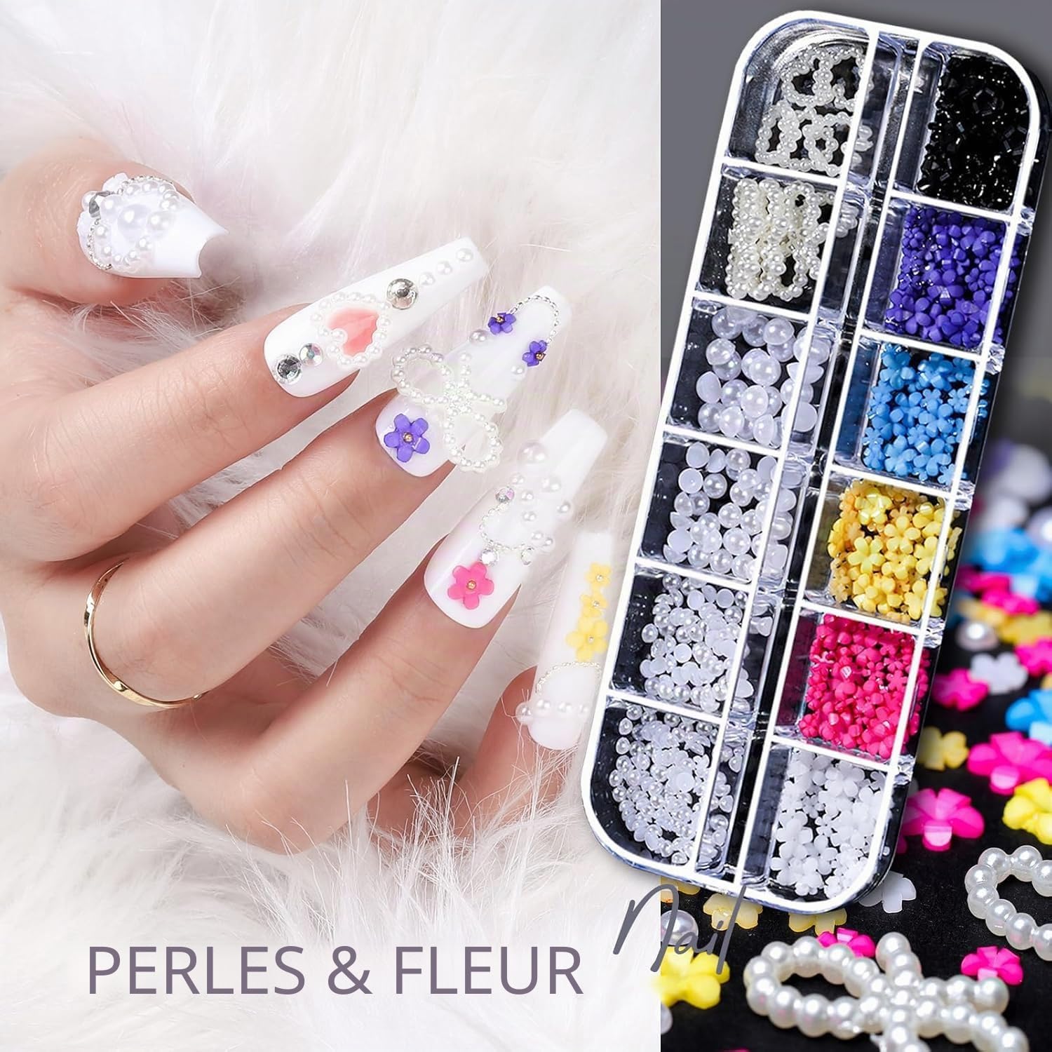 Lot de 6 boîtes de breloques pour ongles - Or et argent - 3D - Étoile - Décoration d'ongles - Micro caviar pour ongles + pendentif avec nœud - Alliage - Décoration des ongles (6 C)