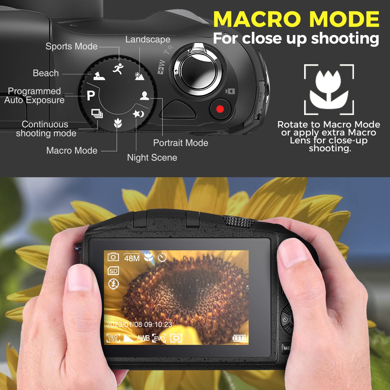 Fotocamera digitale con obiettivo macro e grandangolare 48MP 4K Fotocamere per Fotografia Vlogging Camera per principianti