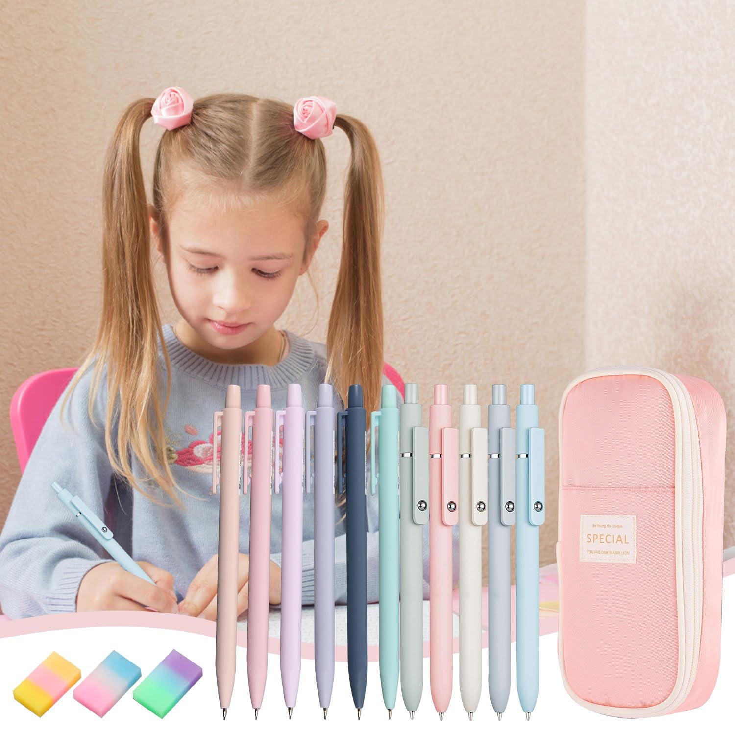 36 Pièces Fourniture Scolaire avec Trousse, 5 Stylos Bille Rétractable, 6 Porte Mine, 3 Gomme pour Fourniture Scolaire Aesthetic, Ecrire, Dessiner