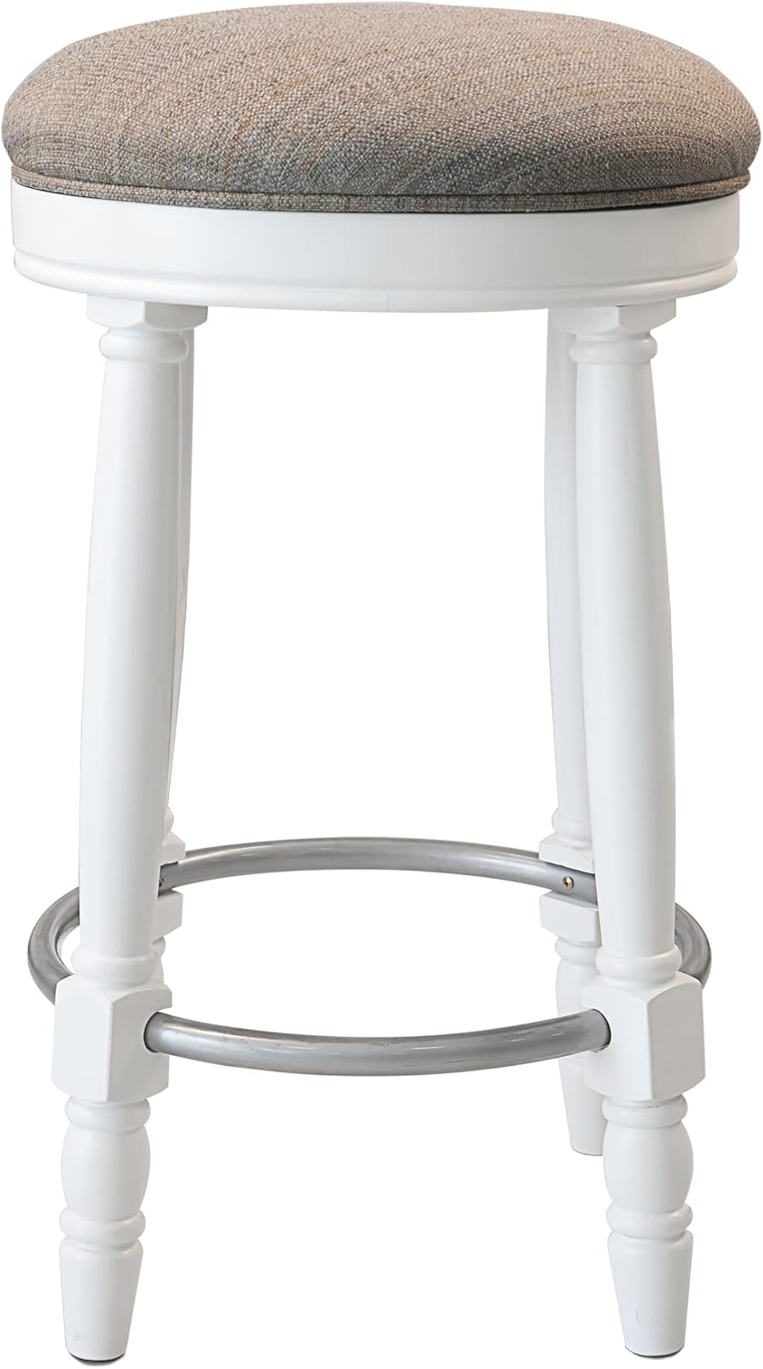 360°Swivel Bar Stools Set of 2, 26" Counter Height Upholstered Rubberwood Backless Bar Chairs with Footrest, Retro Kitchen Counter Stools for Kitchen Island Dining Room Home Bar (White+Fabric)