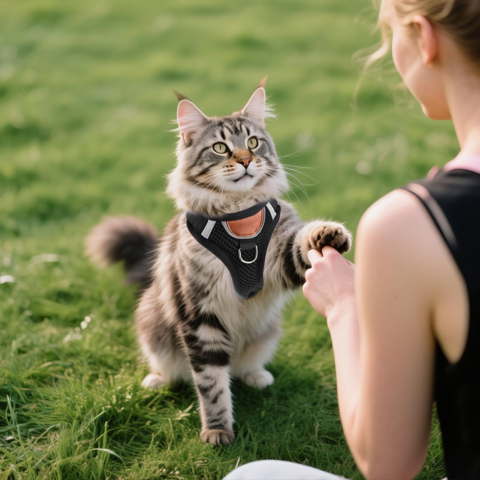 Pettorina per gatti regolabile con guinzaglio, antirottura per gatti, con strisce riflettenti e tessuto a rete traspirante, per gattini, cuccioli (Nero, S)