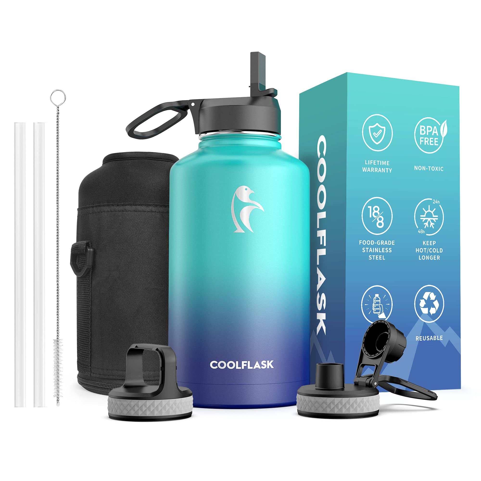 Coolflask Insulated Water Bottle 64 oz with Straw & 3 Lids, Half Gallon Water Jug Large Metal Stainless Steel Wide Mouth for Sports, Gym or Office, BPA-Free Keep Cold 48H Hot 24H, Pacific Prince