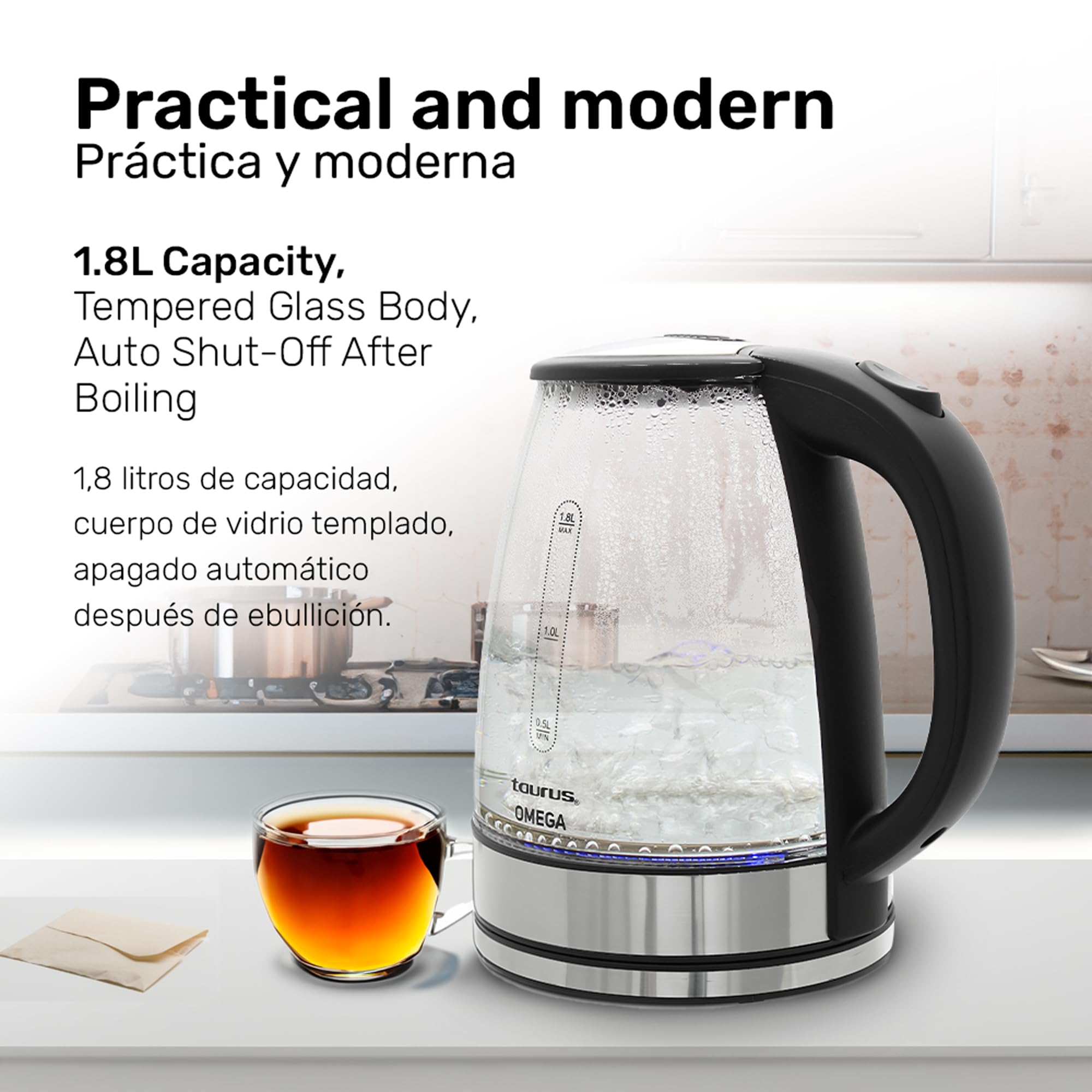 TAURUS OMEGA | Electric glass teapot with LED light | Electric kettle | Appliances | Cordless jug |1.8 liters | 65 ounces | Removable Base