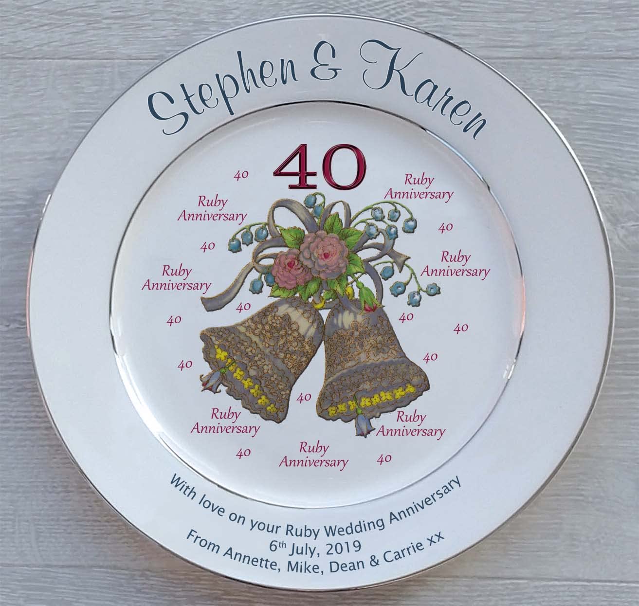 All About Names Personalised Ruby Wedding Anniversary Plate with 2 Platinum Bands - Bells + 40 Design