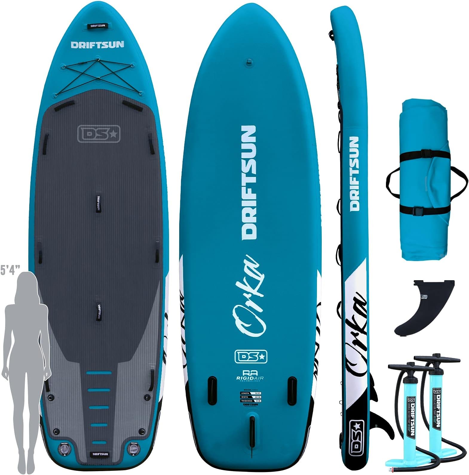 Driftsun Orka 12 Foot Gear Vessel Inflatable Multi Person Stand Up Paddle Board Package for 3 People with Travel Storage Paddleboard Straps and 2 Pumps (Teal)