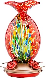 Muse Garden Hummingbird Feeders for Outdoors Hanging, Blown Glass Hummingbird Feeder, Containing Ant Moat, 32 Ounces, Mermaid Feeder+ Built-in Ant Moat, Red Phoenix