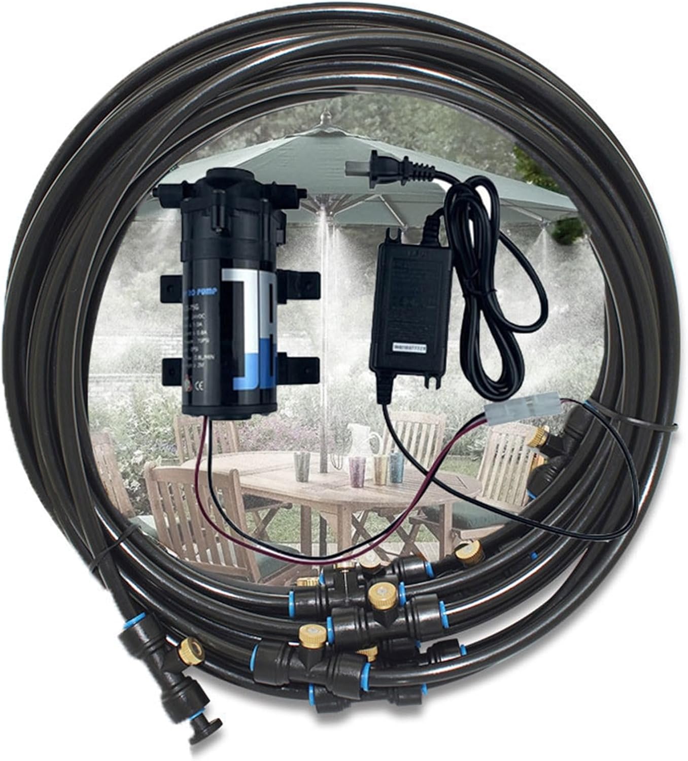 Outdoor Misting System with Pump, Misting Line with Copper Metal Mist Nozzles, Outdoor Misters Cooling System, Micro Spray Misting Drip Kit for Garden, Greenhouse, Parasol ( Size : 28M+46 nozzles )