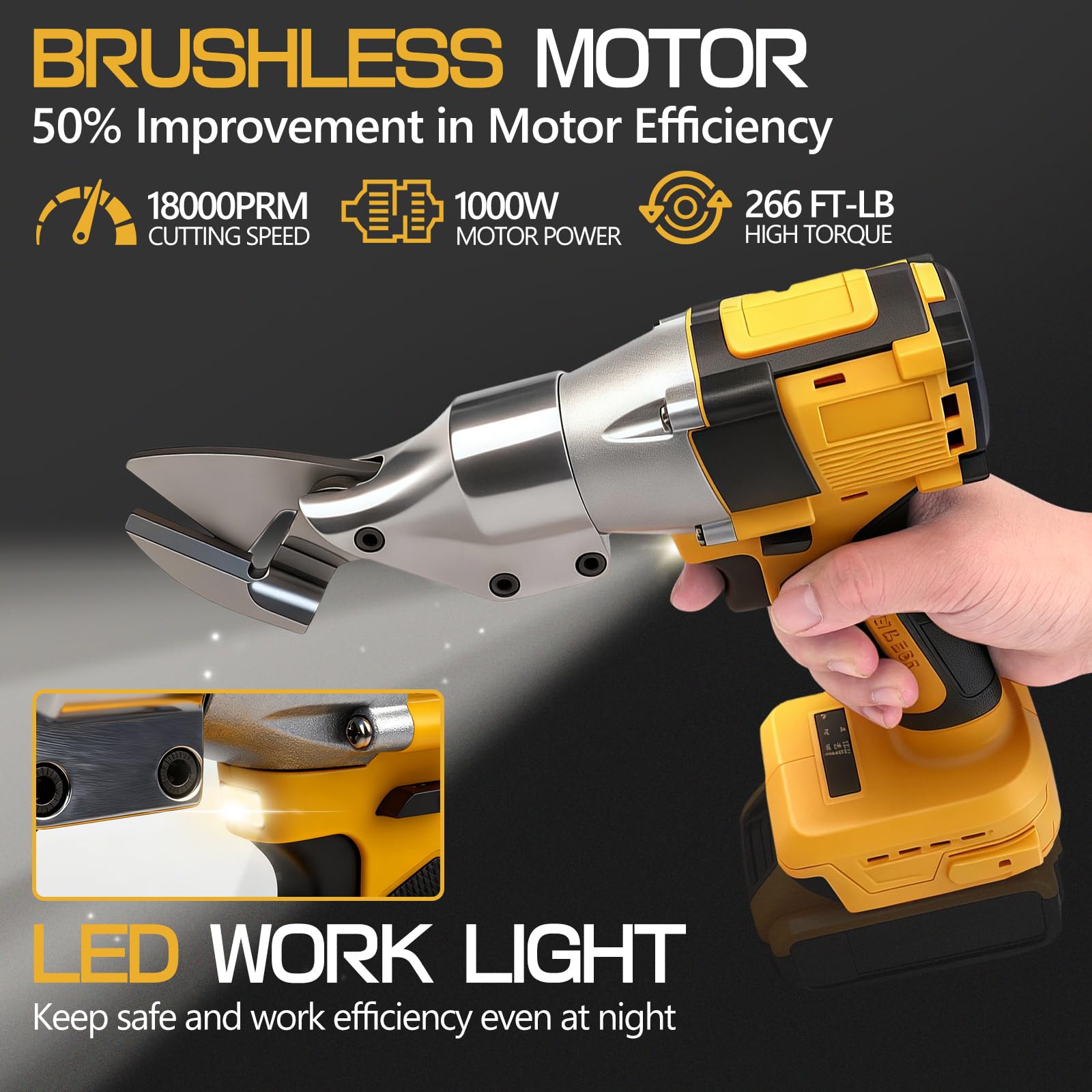 Roadtime 1000W Inalámbricas Tijeras Eléctricas para Metal Compatible con DeWalt 20V, Cabezal Giratorio 360°, Corte 3mm