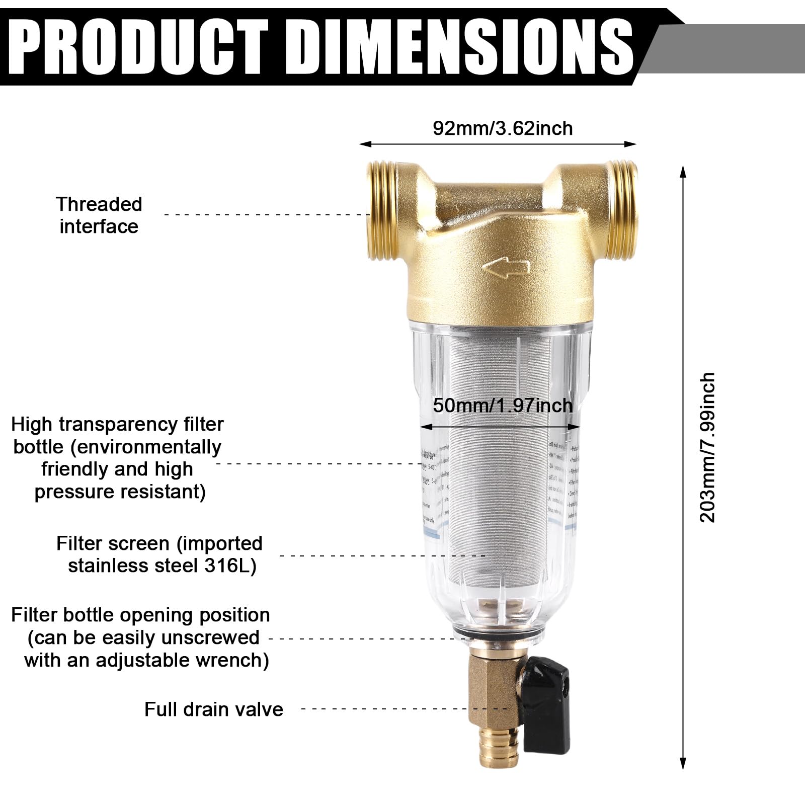 Filtr wody wielokrotnego użytku: 1-calowy filtr wstępny do wody do osadu, filtr płukania, połączenie filtrów z adapterem 3/4", nadający się do prania filtr wstępny do podłączenia