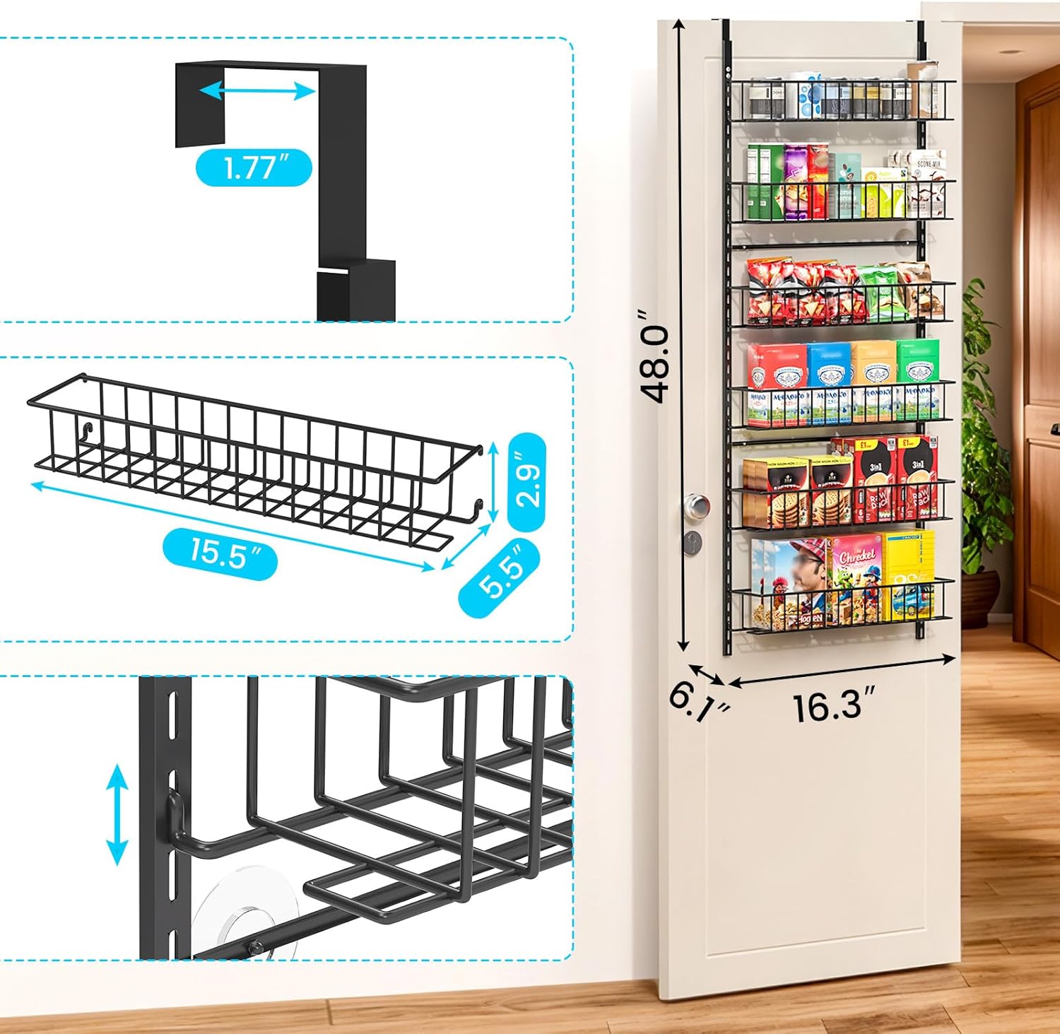 ElegantArray 6-Tier Pantry Door Oragnizer, Over The Door Pantry Organizer Rack and Storage, Hanging Spice Rack Shelves Door, Home Office Laundry Room Bathroom & Kitchen Organization Essentials Metal