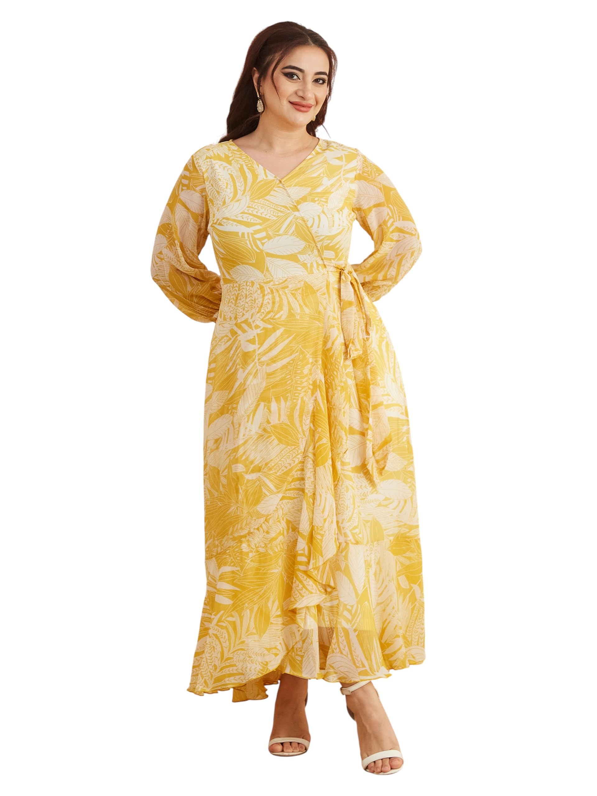 miss chase a+ Women's V-Neck Three-Quarter Sleeve Geometric Patterned Wrap Midi Chiffon Dress-picture-47