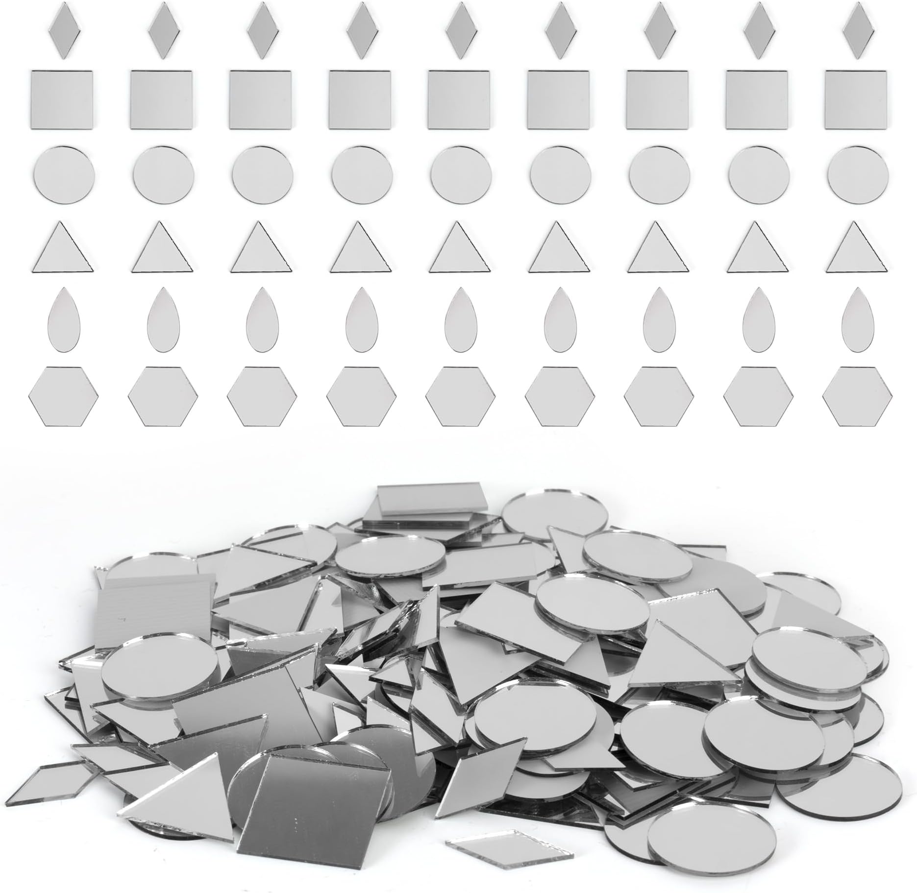 PP OPOUNT 300 PCS Mosaic Tiles, Triangles/Squares/Rounds/Rhombus/Sexangle Drop-Shaped Mini Mirror Pieces for Crafts, Disco Balls, Outdoor Decor, Interior Decoration - 1 Inch