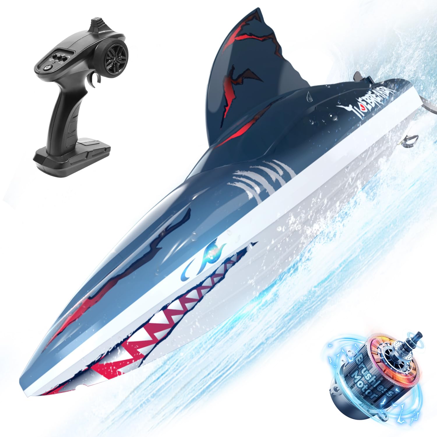 DEERC Barca Squalo RC Veloce senza spazzole per Adulti, Barca telecomandata ad Alta velocità 30+MPH 3S, Motoscafo autoraddrizzante da 2,4 GHz con luci a LED, Regalo Giocattolo Estivo per Bambini