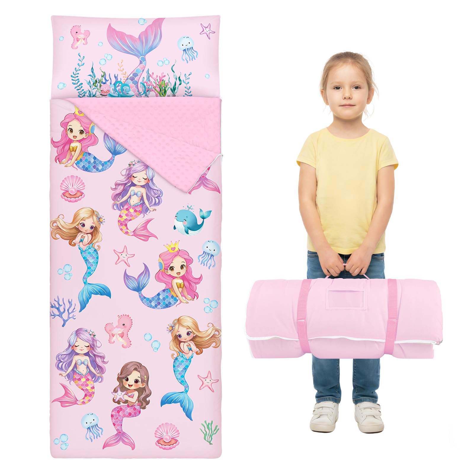 Saco de Dormir para Niños con Almohada, Tapete de Siesta para Niños y Niñas, Cálido Saco de Dormir de 150 x 60 cm, Tapete de Dormir Enrollable con Doble Cremallera — view 10