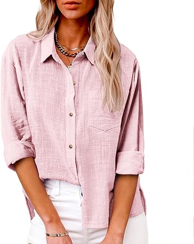 Miniatura 2 de SMIDOW Camisas de lino de algodón con botones para mujer, cuello en V, manga larga, enrollables, blusas de cuello holgado, blusas casuales de trabajo