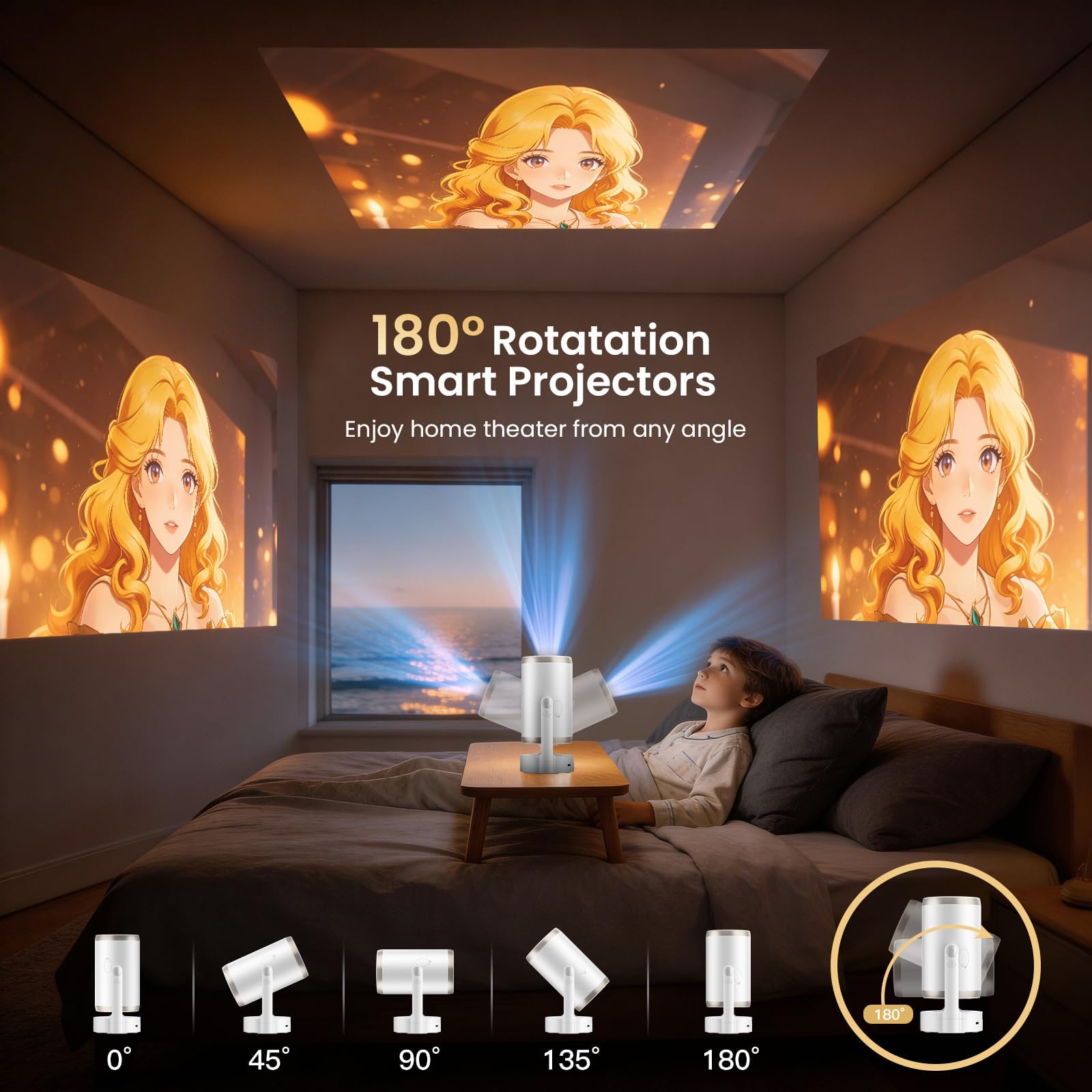 Proyector Portátil Soporte 4K 1080P, Mini Proyector Android 12.0 WiFi 6 | Bluetooth 5.4, 22,000 Lumen Automática Keystone & Enfocar, 3 Formas de Instalación 180° Rotation para Cine en Casa Exterior