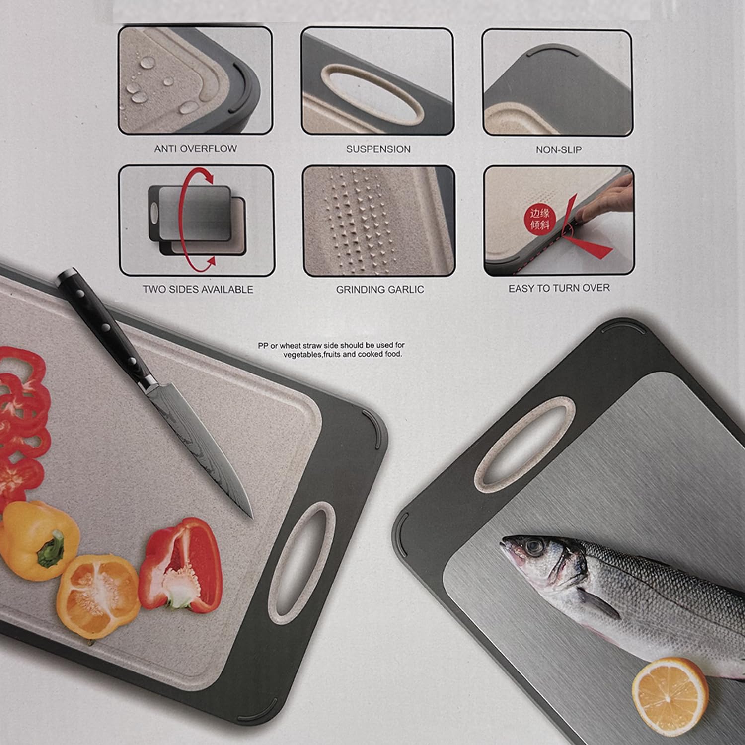 Tabla De Cortar 2 En 1 De Acero Inoxidable 304 De Doble Cara Y Paja De