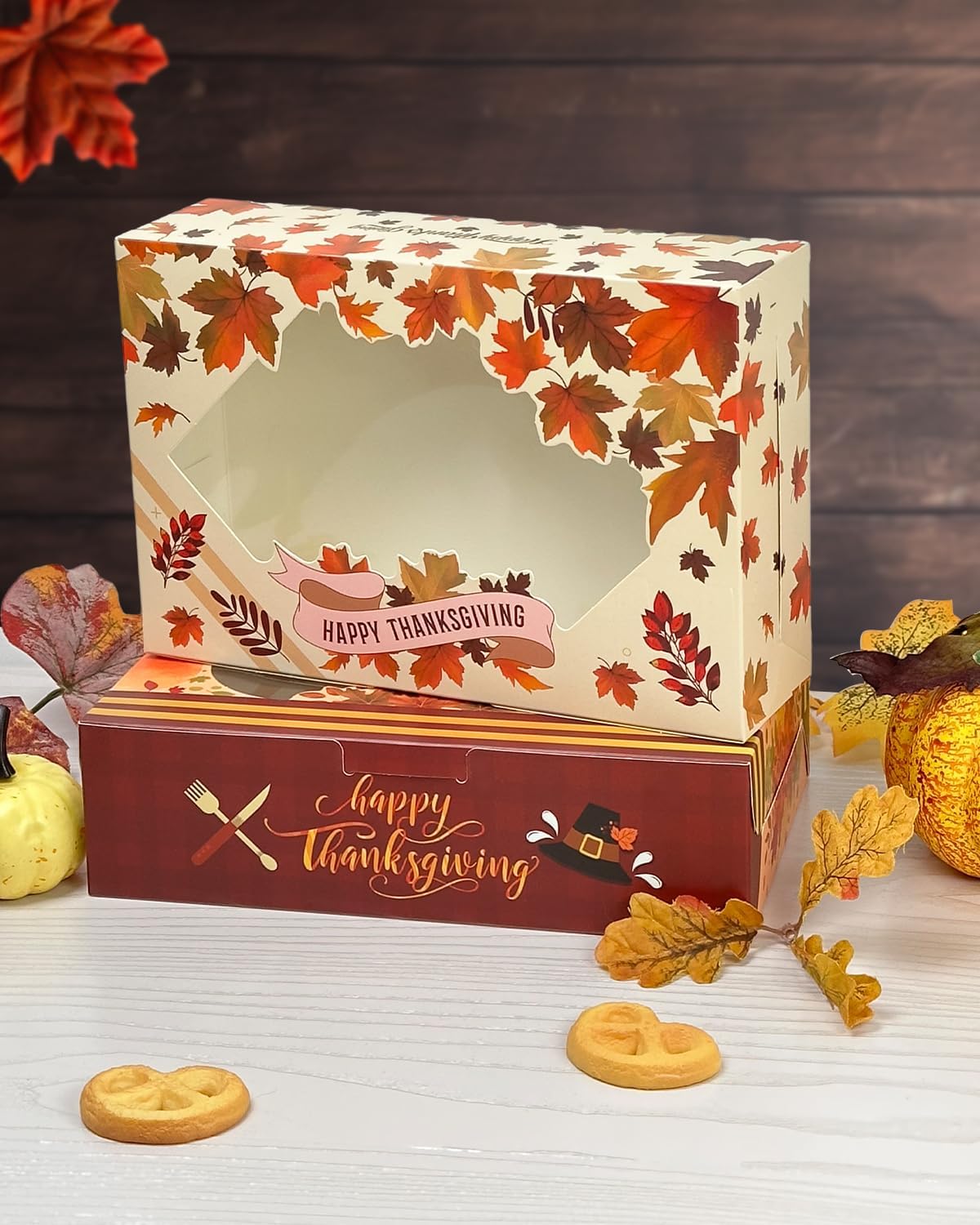 qiqee Caja de galletas de Acción de Gracias con ventana de 9 x 6 x 2.5 pulgadas, 15 unidades, para pastelería, macarrón, hojas de Acción de Gracias, caja de panadería para el día de Acción de Gracias