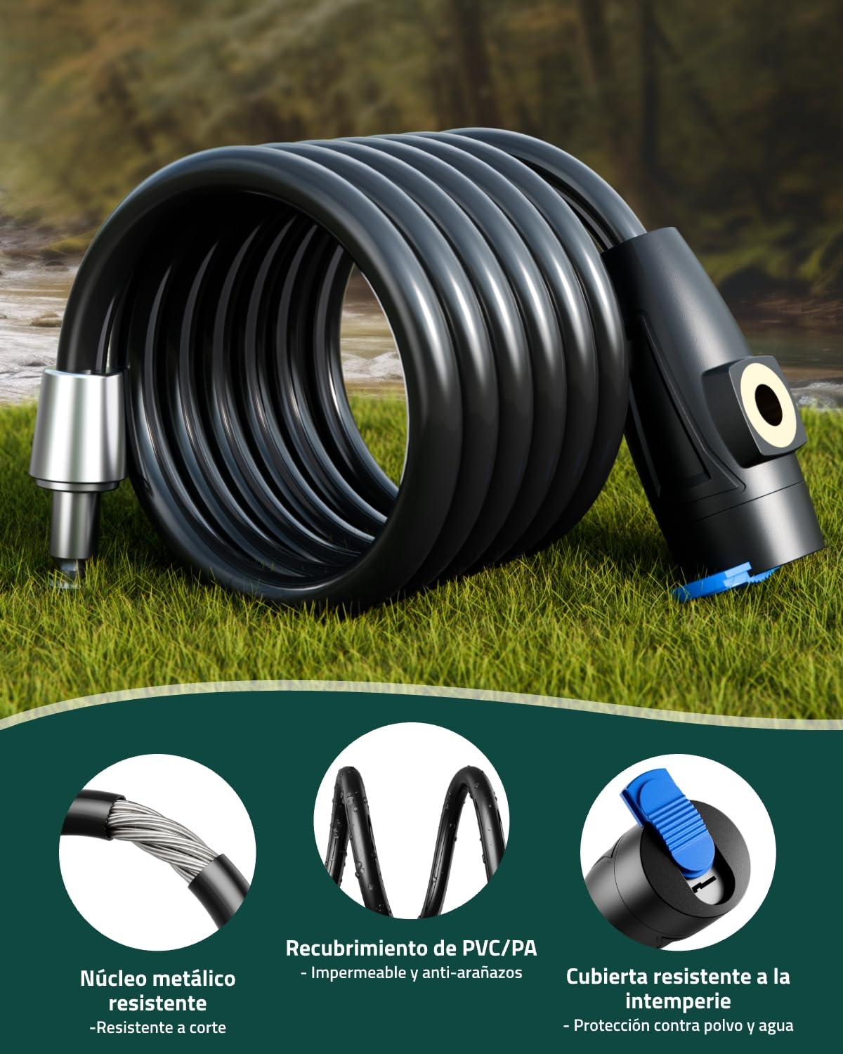 Trail - Candado de cable para cámara de sendero, cable de acero antirrobo de 1,5 m, núcleo de acero resistente a los cortes, retráctil para un fácil embalaje, acabado negro sigiloso