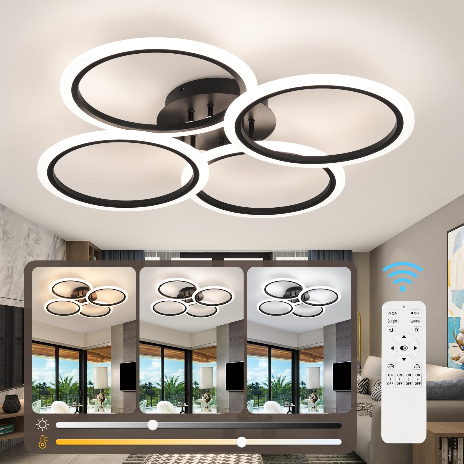 Vloitgol Dimmable Ceiling Lights Fixtures with Remote Control, 73cm, 3000K-6000K, Black 4 Rings Modern Ceiling Lamp LED for Living Room Dining Room Bedroom Office Kitchen Hallway - 50W
