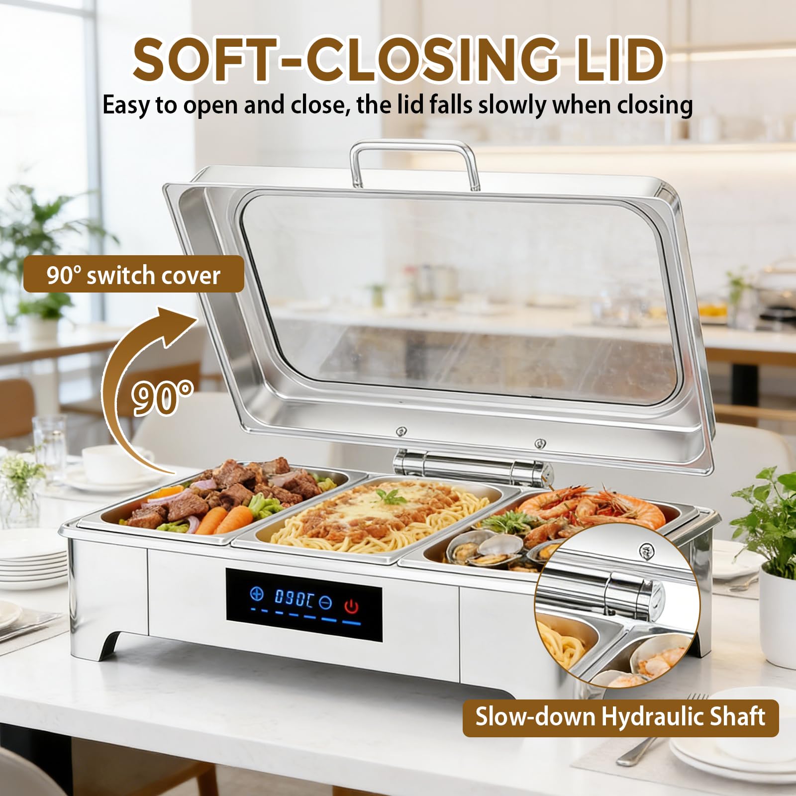 LIROPAU Pasto Chafing Dish, scaldavivande in acciaio inox da 9 l, con coperchio in vetro visibile, 3 contenitori in acciaio inox per feste, matrimoni, buffet e feste (3 set da 1/3 + 1/3 + 1/3 GN)