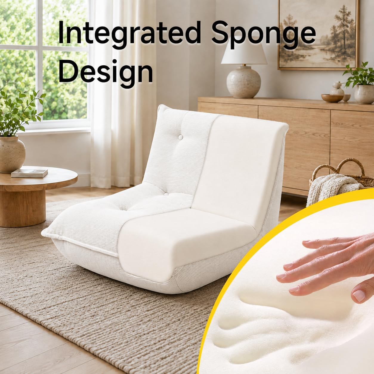 Tufted Corduroy Bean Bag Chair, Ergonomic Foam Floor Sofa, No Assembly Comfy Lazy Chair for Living Room Bedroom Dorm Game Room (White)