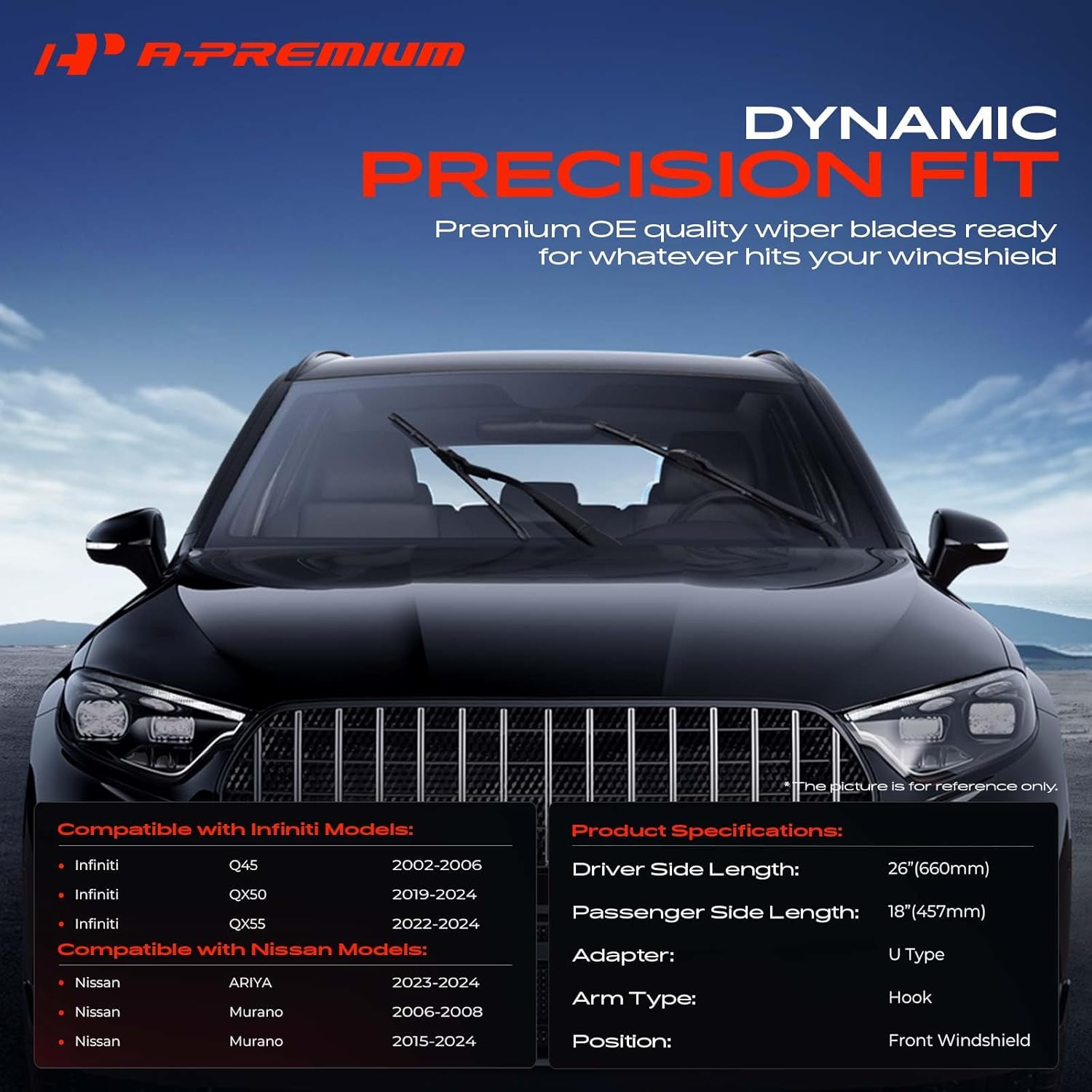 A-Premium Pack of 2 Windshield Wiper Blades with Wear Indicator & Towel - Compatible with Nissan Murano, Ariya & Infiniti QX50, QX55, Q45-26" and 18", Hook Arm Connector, Left and Right