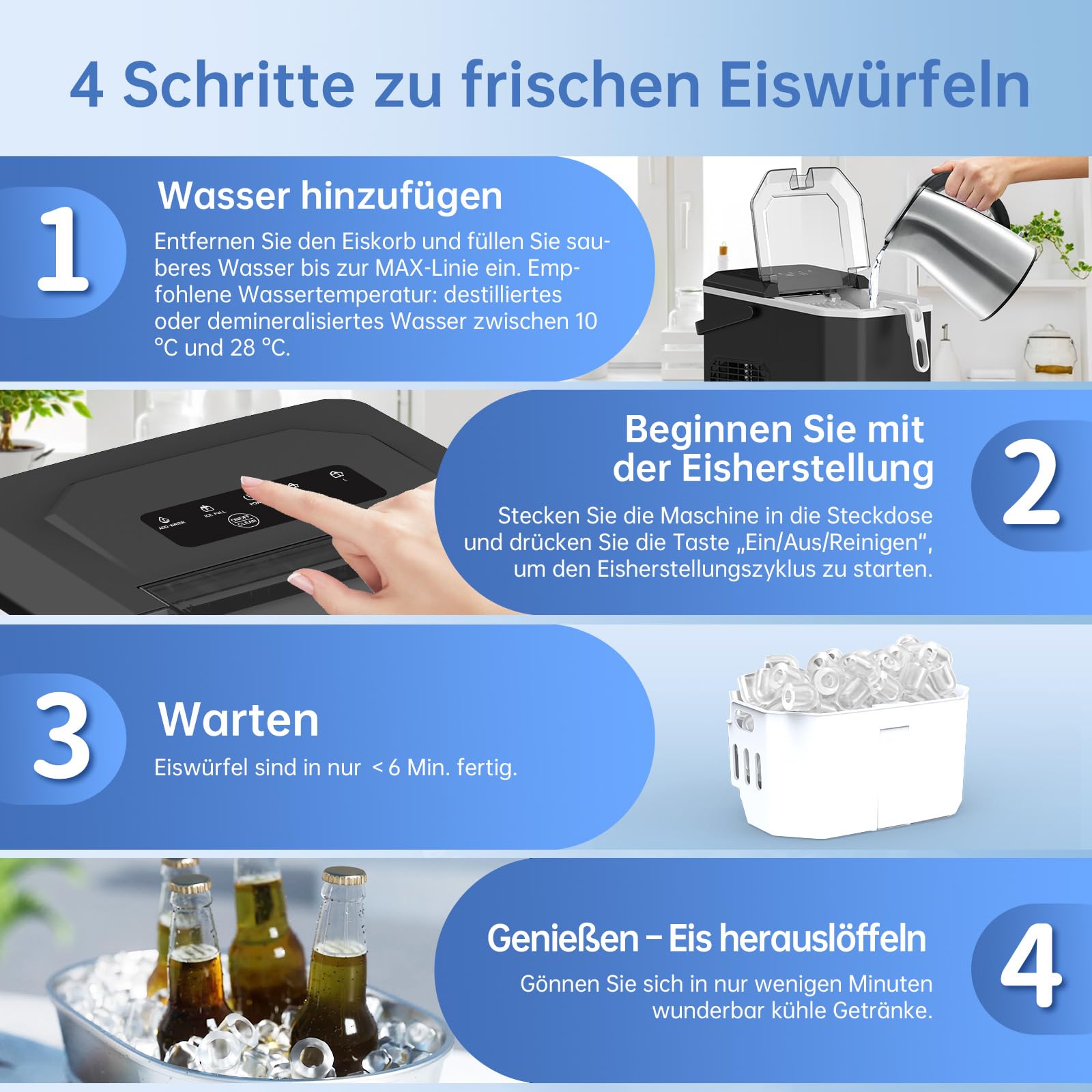 WIE Eiswürfelmaschine Kleine Eiswürfelbereiter mit Schaufel 1,3 Liter Wassertank 9 Würfel in 6 Minuten Eiswürfelmaschinen Selbstreinigende Ice Maker Leiser für Küche Büro Bar Party