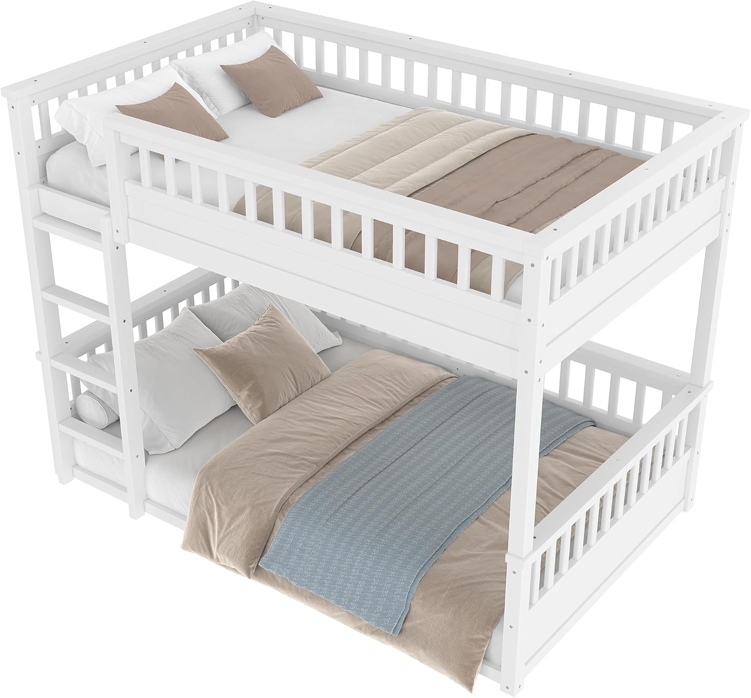 KEIKI Full Over Full Bunk Bed, Kids Wooden Floor Bed Frame with Ladder & Guardrail, Convertible to 2 Separated Teens Beds Frames, Upper Bedframe No Spring Box Needed, Easy Assembly, White