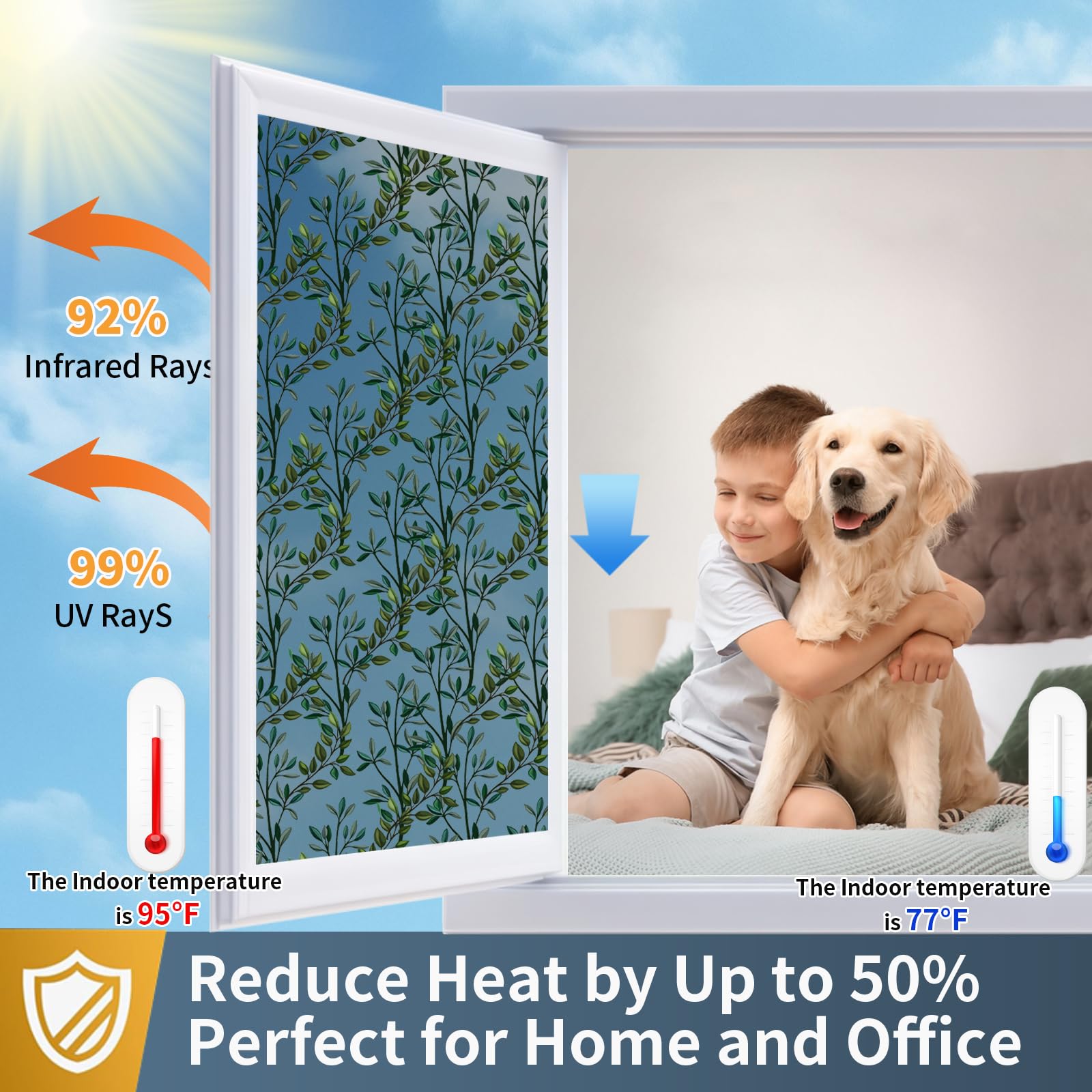 Countewol Upgraded Window Privacy Film One Way Daytime Privacy Static Cling Sun Blocking Anti UV Reflective Window Tint for Home and Office (Black - Silver?Leaves?, 17.5 X 78.7 in)