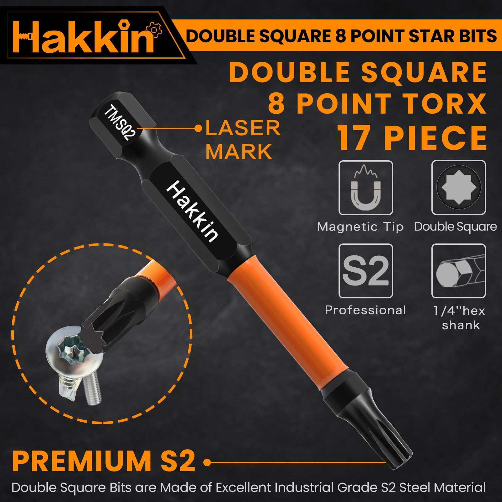 Double Square 8 Point Star Bit Set Hakkin 17Pcs S2 Steel 8 Spline Double Square Fastener Drive Bit Set Size #1, #2 - Image 3