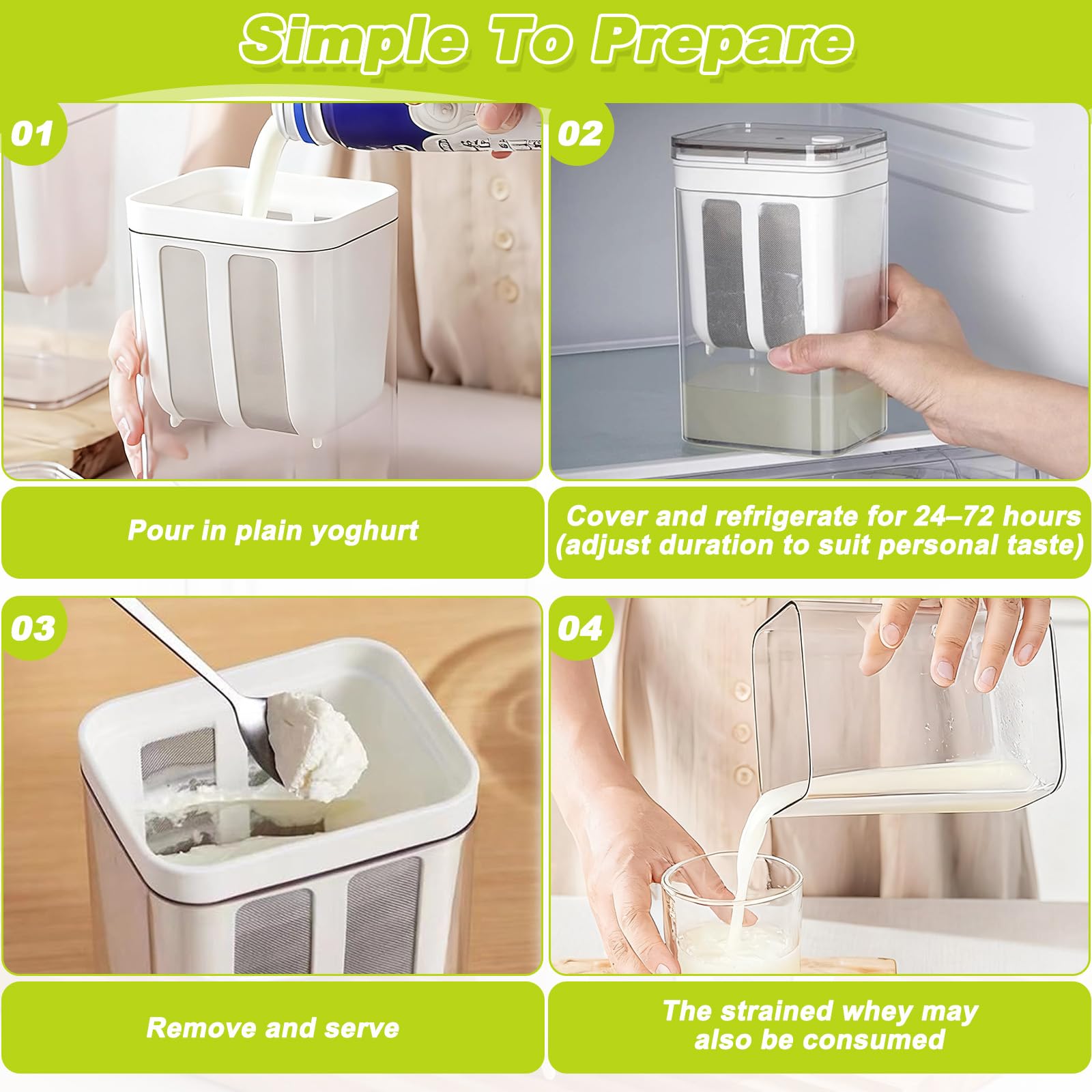 Colino Yogurt Greco con Rete Maglie Fine e Coperchio, Separatore Siero Acciaio Inossidabile 1100ml, Erogatore Yogurt Filtro Latte Yogurtiera Macchina Fltro Riutilizzabile per Soia Succhi Filtrare