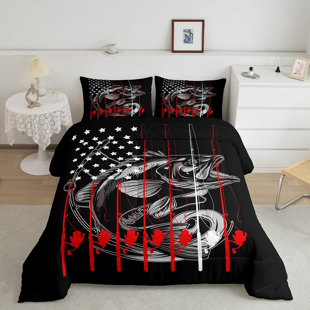Feelyou American Flag Big Pike Fish Comforter Set Bass Big Bedding Set for Kids Boys Girls Hunting Fishing Comforter Fish Hook Inner Fill Duvet Set 1 Comforter Set with 2 Pillowcases Queen Size