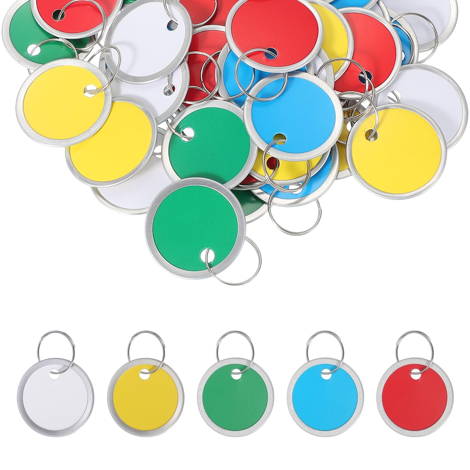PATIKIL 3cm Metal Rim Key Tags 50 Pack Blank Round Paper Tags Bulk Writable Keychain Identifiers with Split Rings for Car Door Drawer Key Luggage Pet, Multicolor