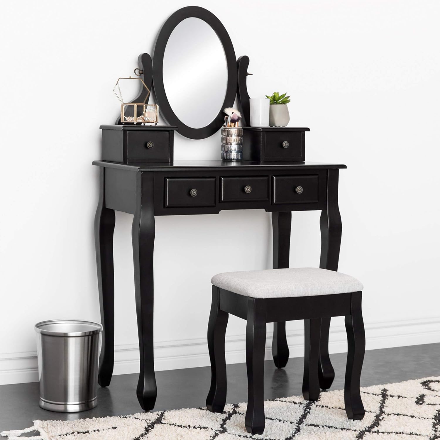 Best Choice Products Bedroom Vanity Hair Dressing Table Set for Makeup, Cosmetics, Beauty w/Adjustable Oval Mirror, Padded Stool Seat, 5 Drawer Storage Organizers - Black