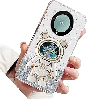 Rnrieyta Miagon Bear Astronaut Glitter Stand Case for Honor Magic 5 Lite 5G,Bling Transparent Soft Quicksand Protective Slim Shockproof Cover with Astronaut Holder Kickstand,Transparent