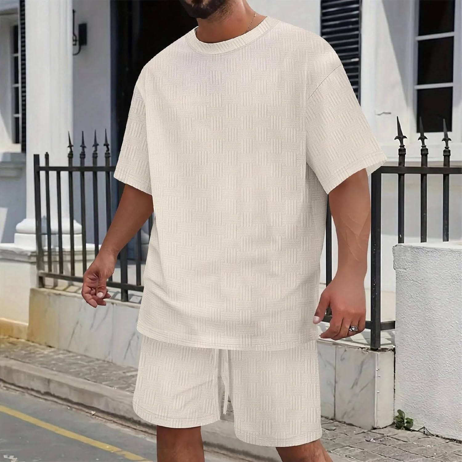 Men's Summer Solid Color Round Neck T-Shirt And Drawstring Shorts Set Casual Loose Fit Outfit