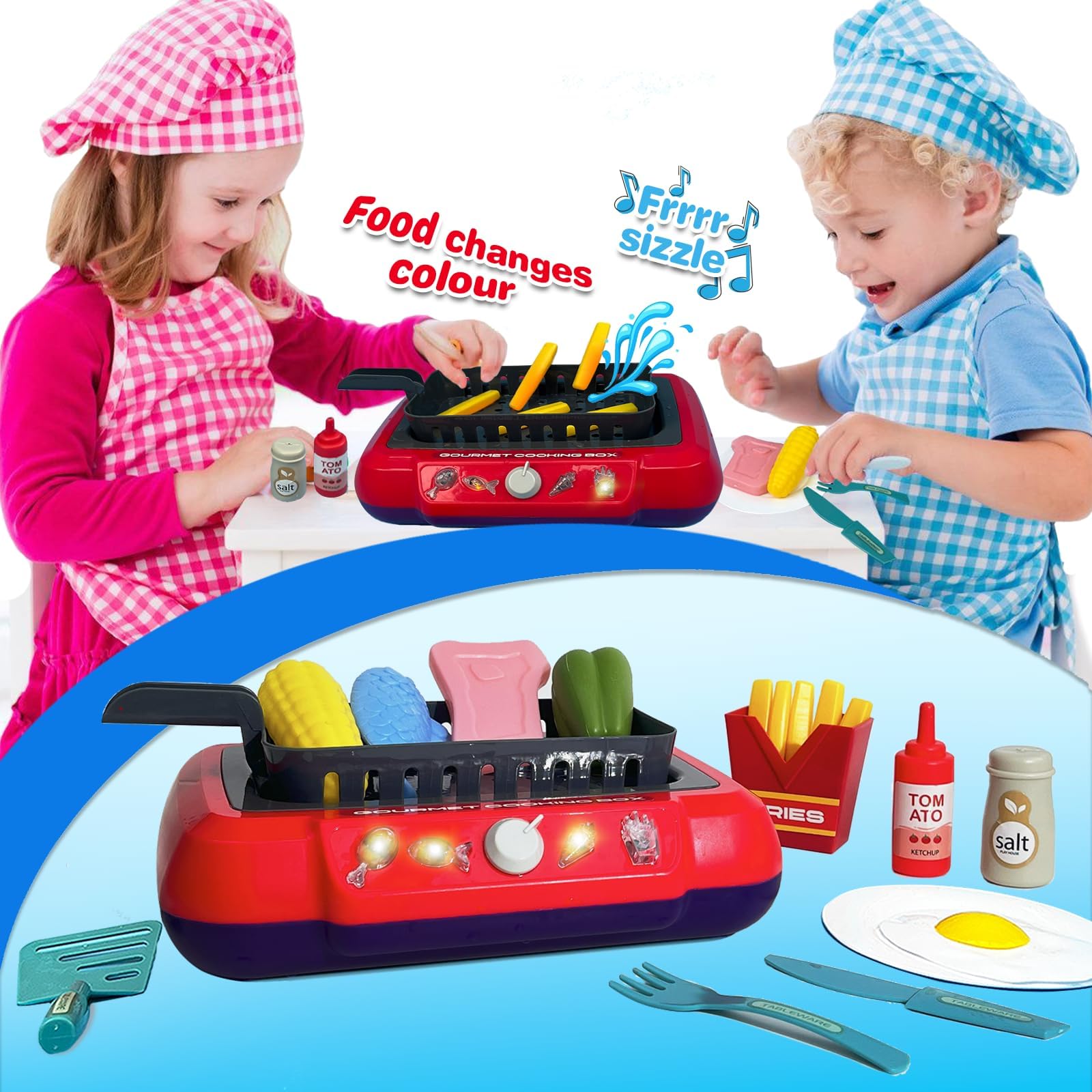 DIY Magic Fun Frying Kit Gourmet Cooking Box, Cooking Simulator Kitchen Set Toy, Pretend Play 20 PCS Play Food for Kids Kitchen Playset, The Best Birthday Gift for Kids