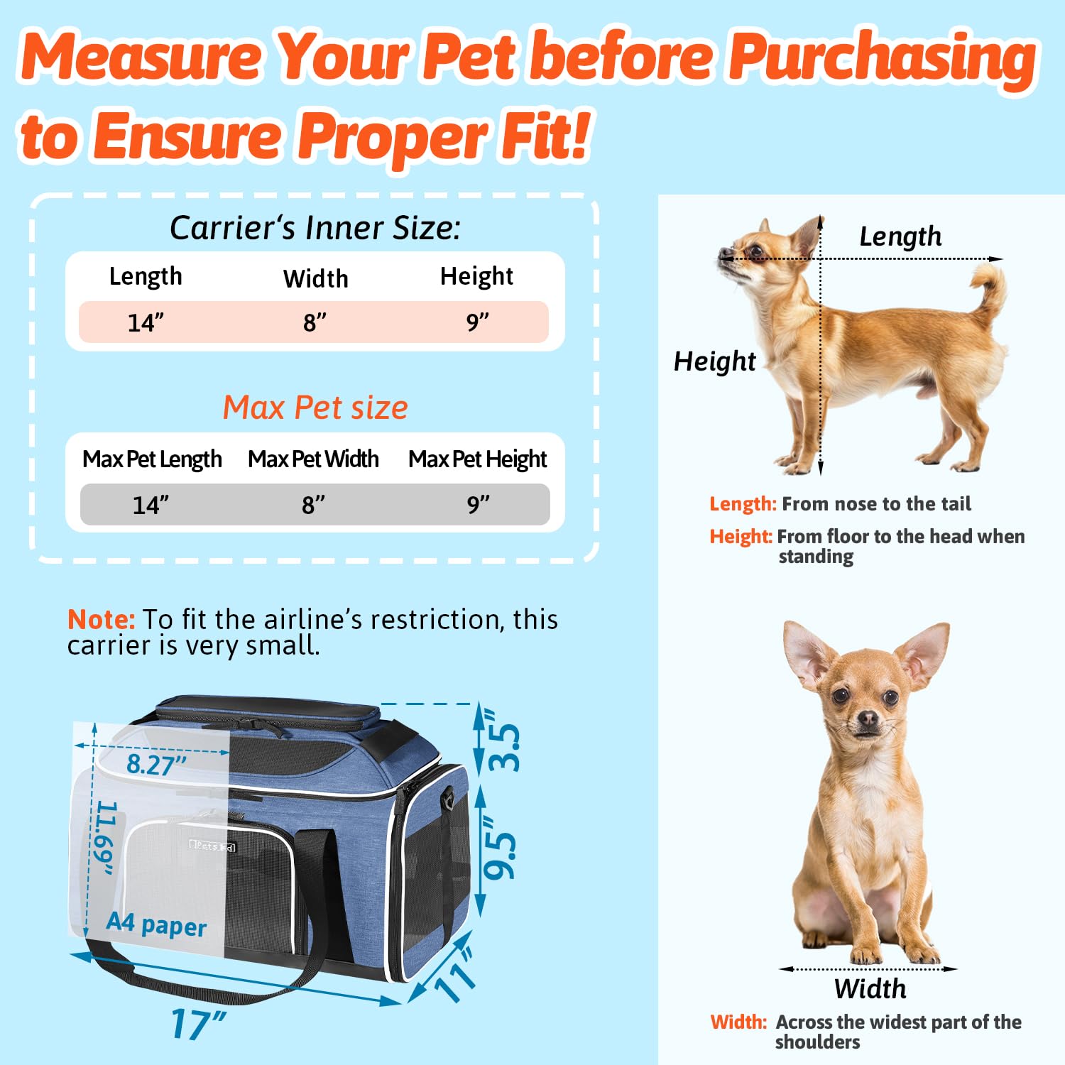 Petskd Top-Expandable Pet Carrier 17x11x9.5 Inches Alaska Airline Approved, Soft-Sided Carrier for Small Cats and Dogs with Locking Safety Zippers and Anti-Scratch Mesh(Blue) - image 3