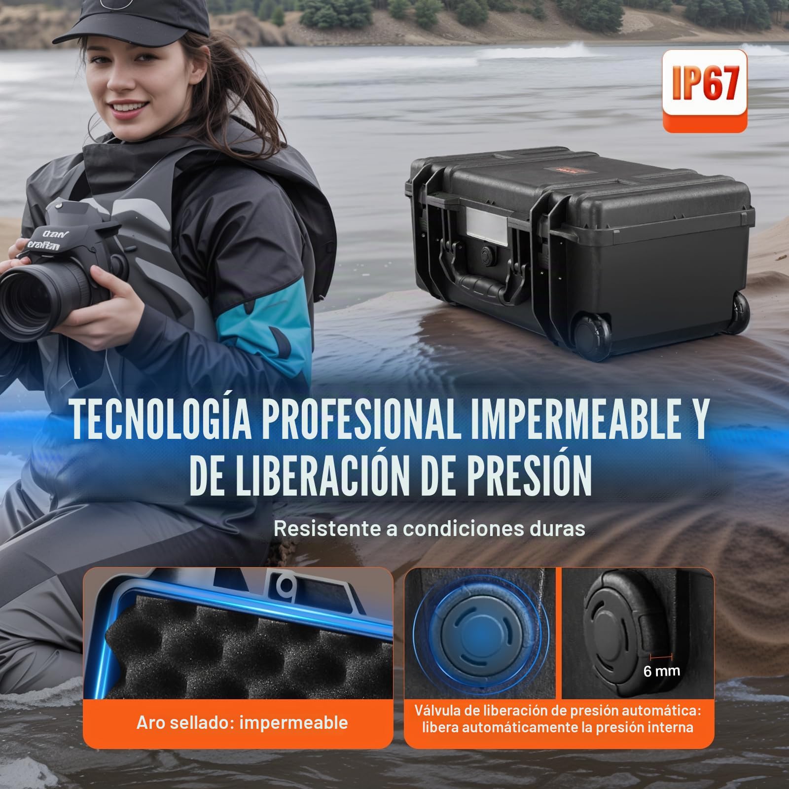 VEVOR Estuche Rígido Resistente a la Intemperie de 550 x 340 x 240 mm, Estuche Resistente con Espuma Precortada, Ruedas y Asas Retráctiles para Viajes, Caza, Uso Militar, Táctico, Impermeable IP67