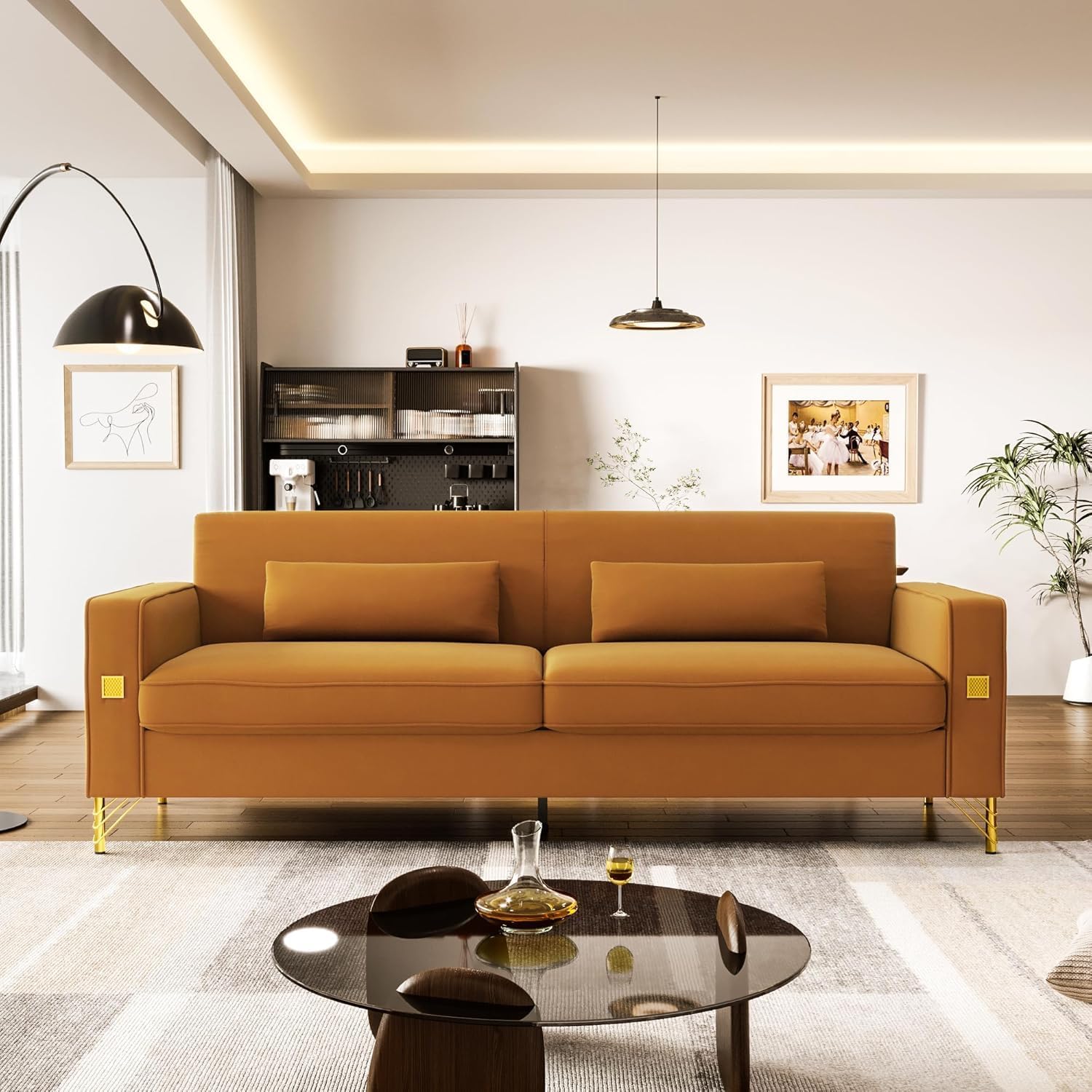 85.63'' Mid-Century Modern Black Velvet Sofa Couch with Metal Gold Legs, 3 Seater Tufted Loveseat Couches with 2 Lumbar Pillows for Living Room and Apartment