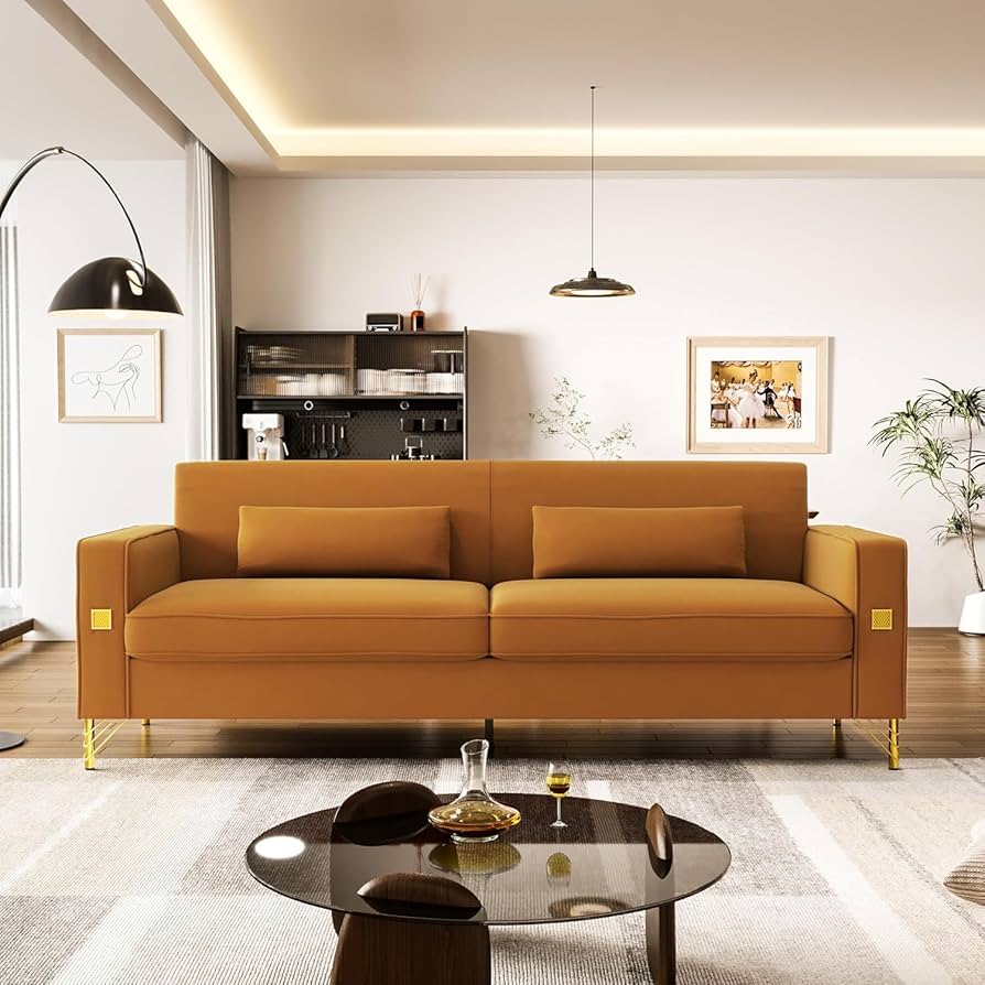 Amazon.com: 85.63'' Mid-Century Modern Orange Velvet Sofa
