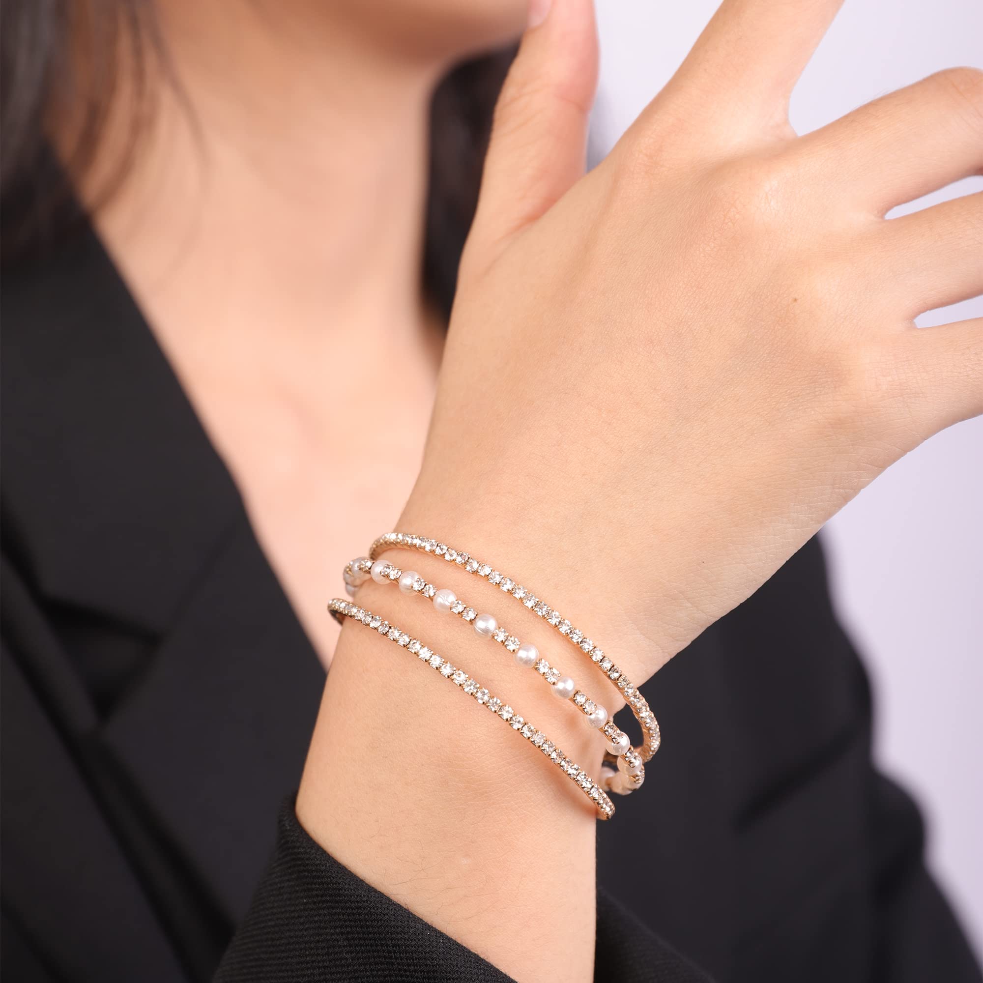 YERTTERMulti Row Layered Glitter Bracelets Faux Pearl Bracelet Stretch  Tennis Chain Rhinestone Adjustable Band Cuff Elastic Bangle 1920s Bridal  Body