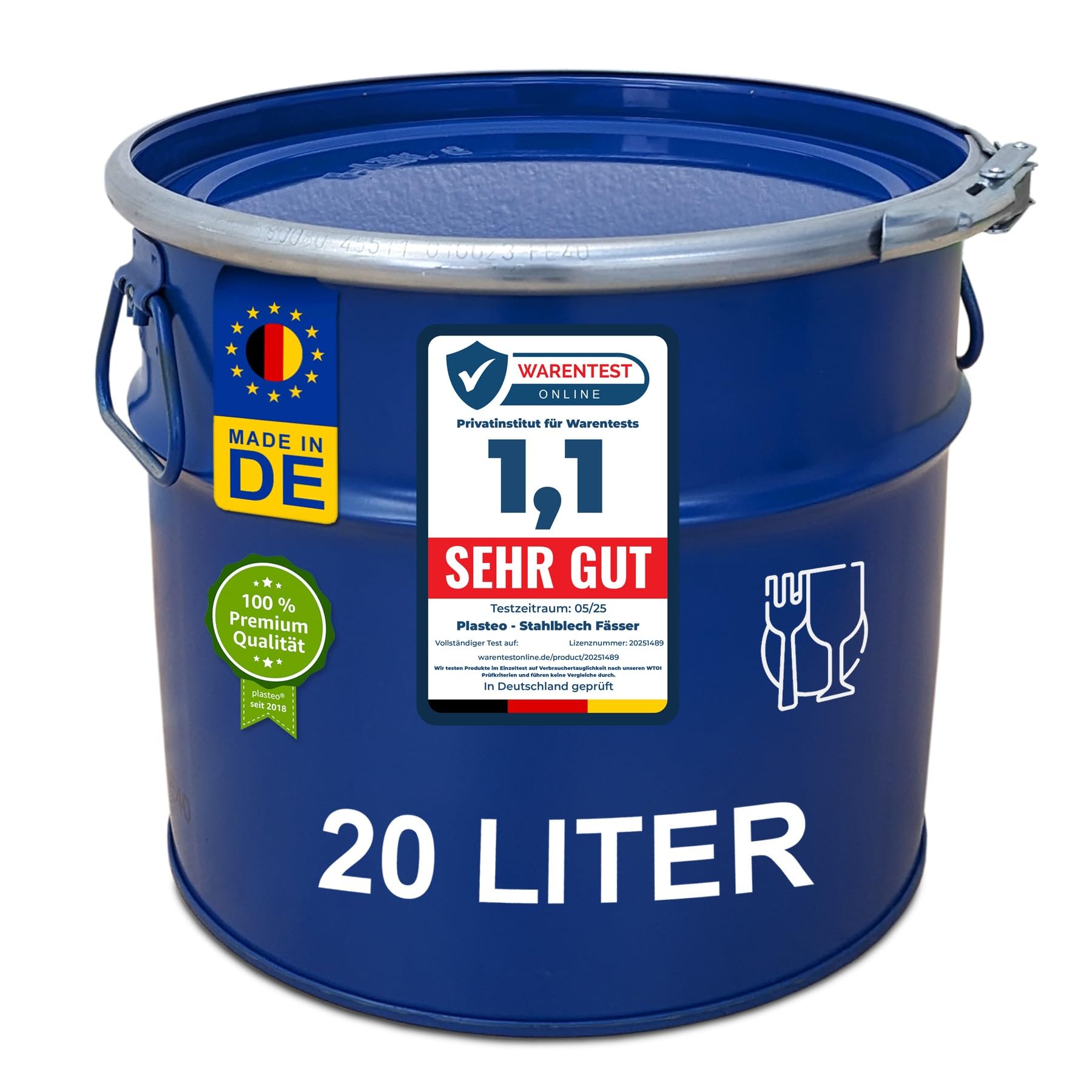 plasteo® Stahlfass 20 Liter Hobbock Deckelfass | Zyklon Staubabsaugung Geeignet | Metall Blechfass Mülleimer Kübel mit 2 Seitlichen Fallgriffen | Stabil Gefüllt Stapelbar | Lebensmittelecht