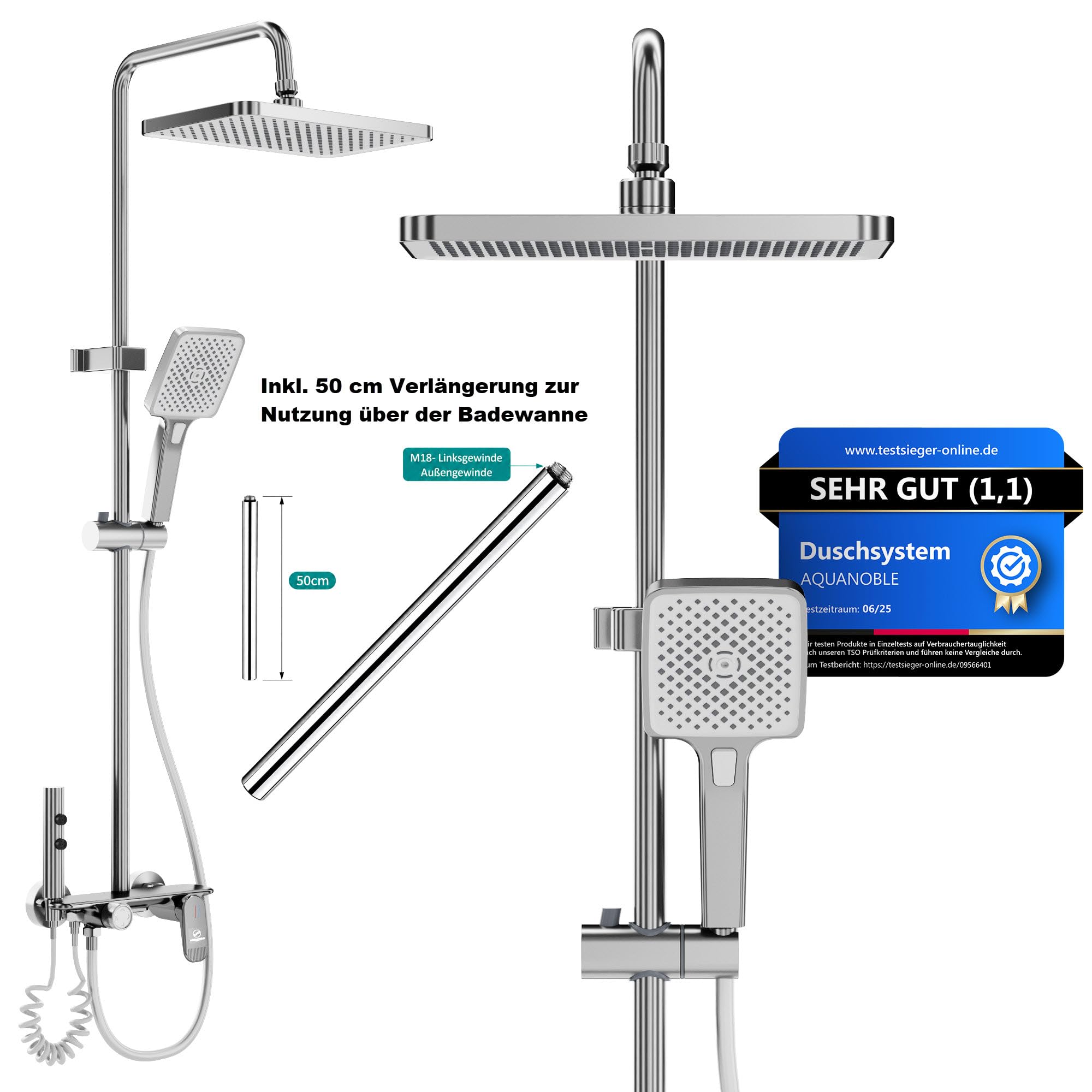AquaNoble Aufputz Duschsystem mit Thermostat & Ablage – Duscharmatur Komplettset mit Regendusche, 3-Funktionen Handbrause, Wanneneinlauf/Wasserfall & Reinigungspistole, EasyClean Anti-Kalk, chrom