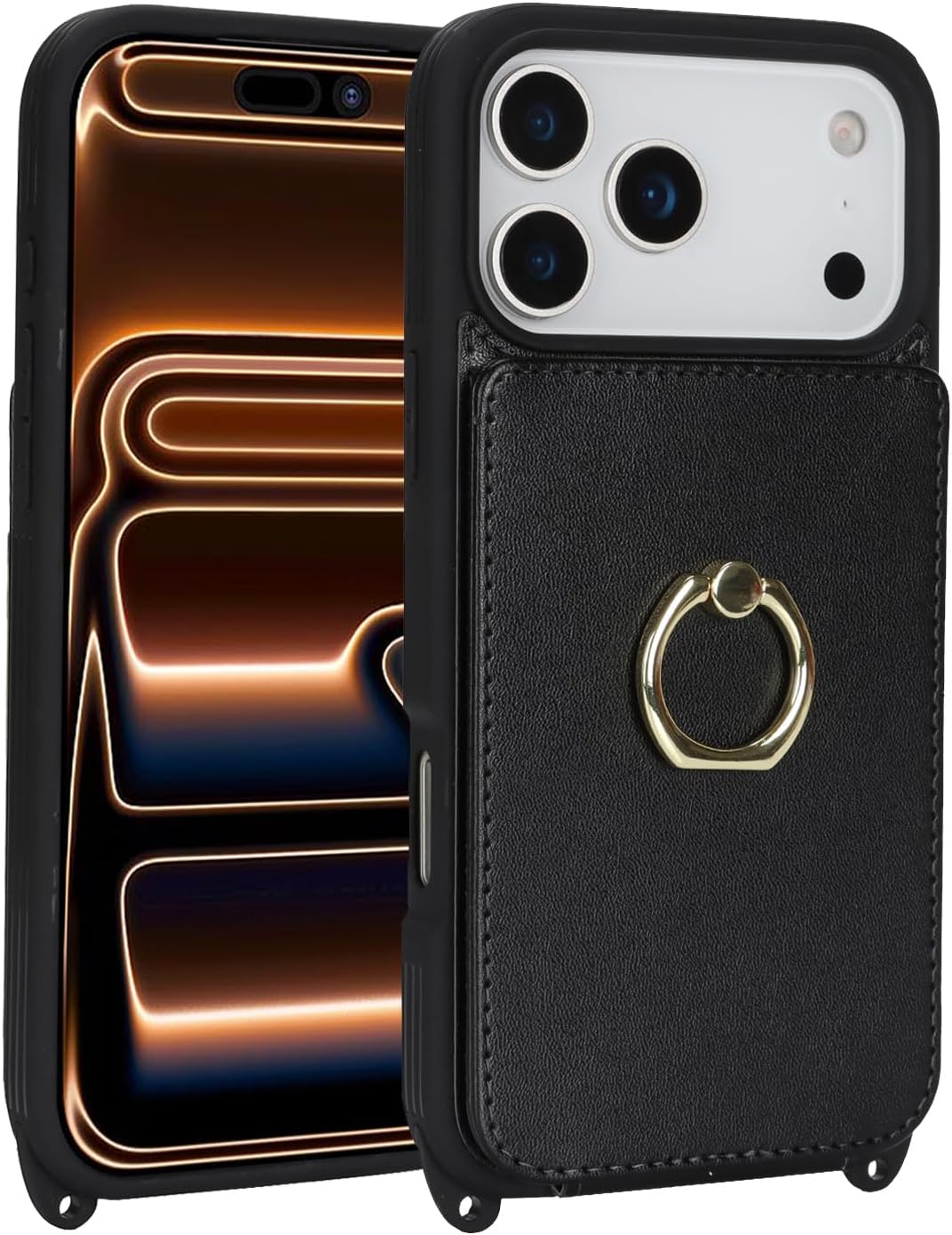 for iPhone 17 Pro Max Case with Card Holder and Strap for Women,Crossbody Lanyard,Ring Stand,Snap Clasp,Cute Phone Wallet Cases 6.9 inch (Black) - Image 3