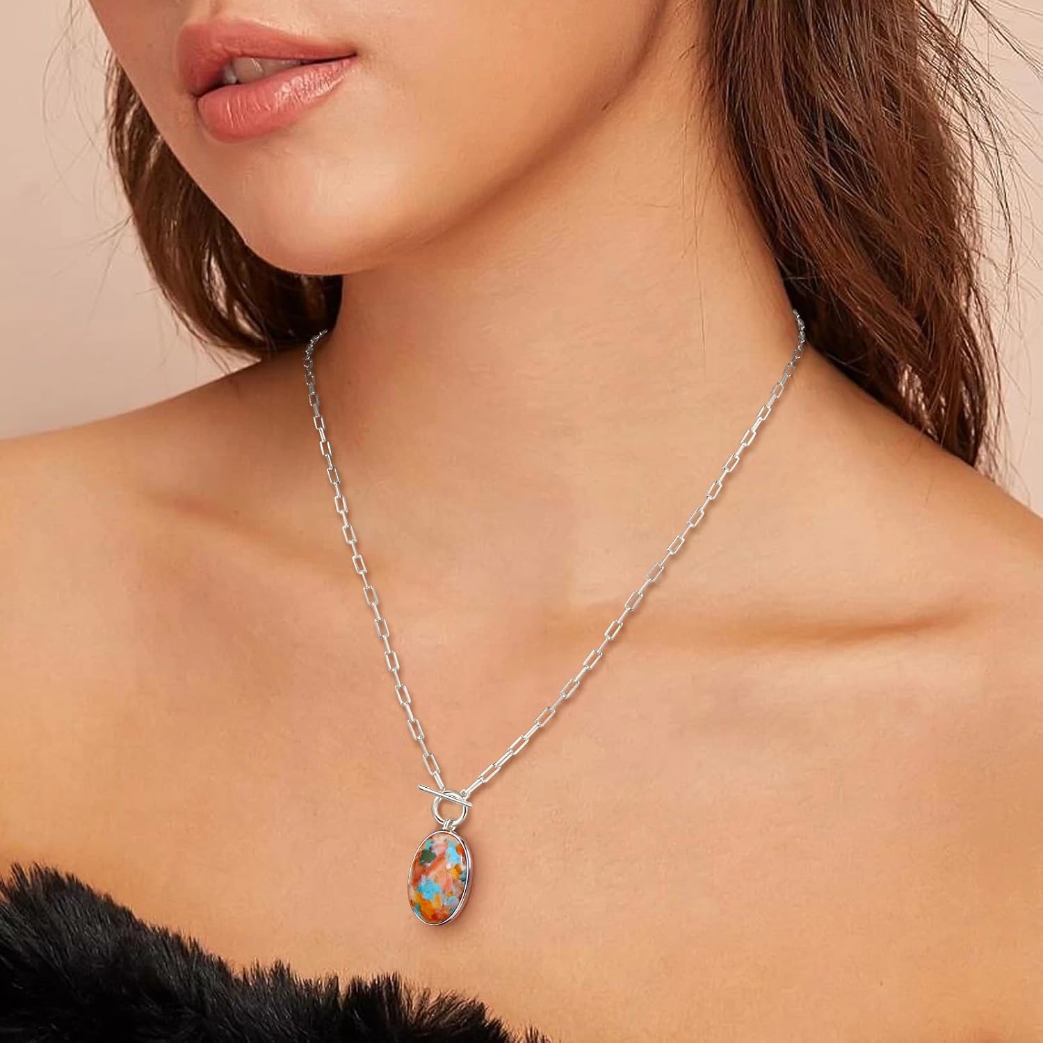 AIBAO Large Oval Turquoise/Coral/Malachite Halo Necklaces for Women 10-12 Carat Natural Gemstone Necklace Rhodium Plated Sterling Silver Statement Necklace with Toggle Clasp - Image 2